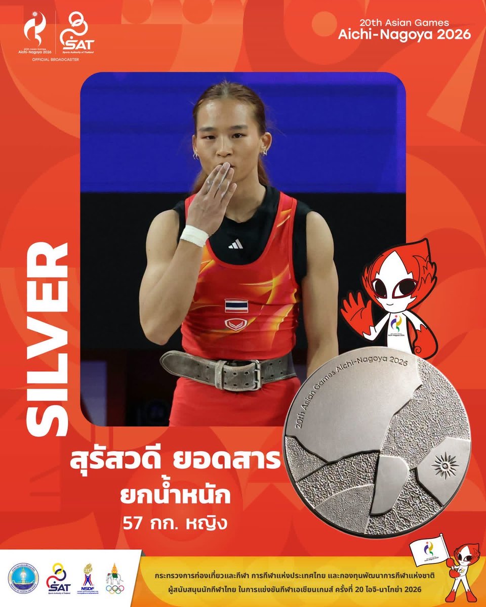 ASIANGAMESs2026's tweet photo. หงษ์ สุรัสวดี ยอดสาร นักกีฬายกน้ำหนักทีมชาติไทย คว้าเหรียญเงิน🥈 รุ่นน้ำหนักไม่เกิน 57 กก. หญิง ทำน้ำหนักรวมได้  219 กก. โดยท่าสแนตช์ ยกได้ 97 กก. ท่าคลีนแอนด์เจิร์ก ยกได้ 122 กก. คว้าเหรียญเงินไปครอง #Asiangames2026 #เอเชี่ยนเกมส์2026 https://t.co/dsusyQR0Sz