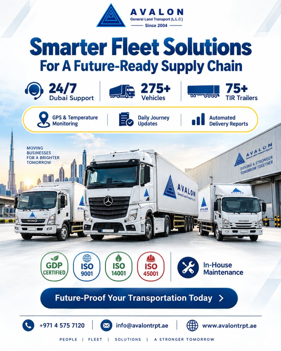 Avalontranspor's tweet photo. Avalon Transportation keeps businesses moving with 275+ vehicles, 75+ TIR trailers, 24/7 Dubai support, GPS monitoring, and automated delivery reports.
#AvalonTransportation #FleetSolutions #SupplyChain #Logistics #TIR #Transportation #FleetManagement #DubaiLogistics https://t.co/FjV4vO456W