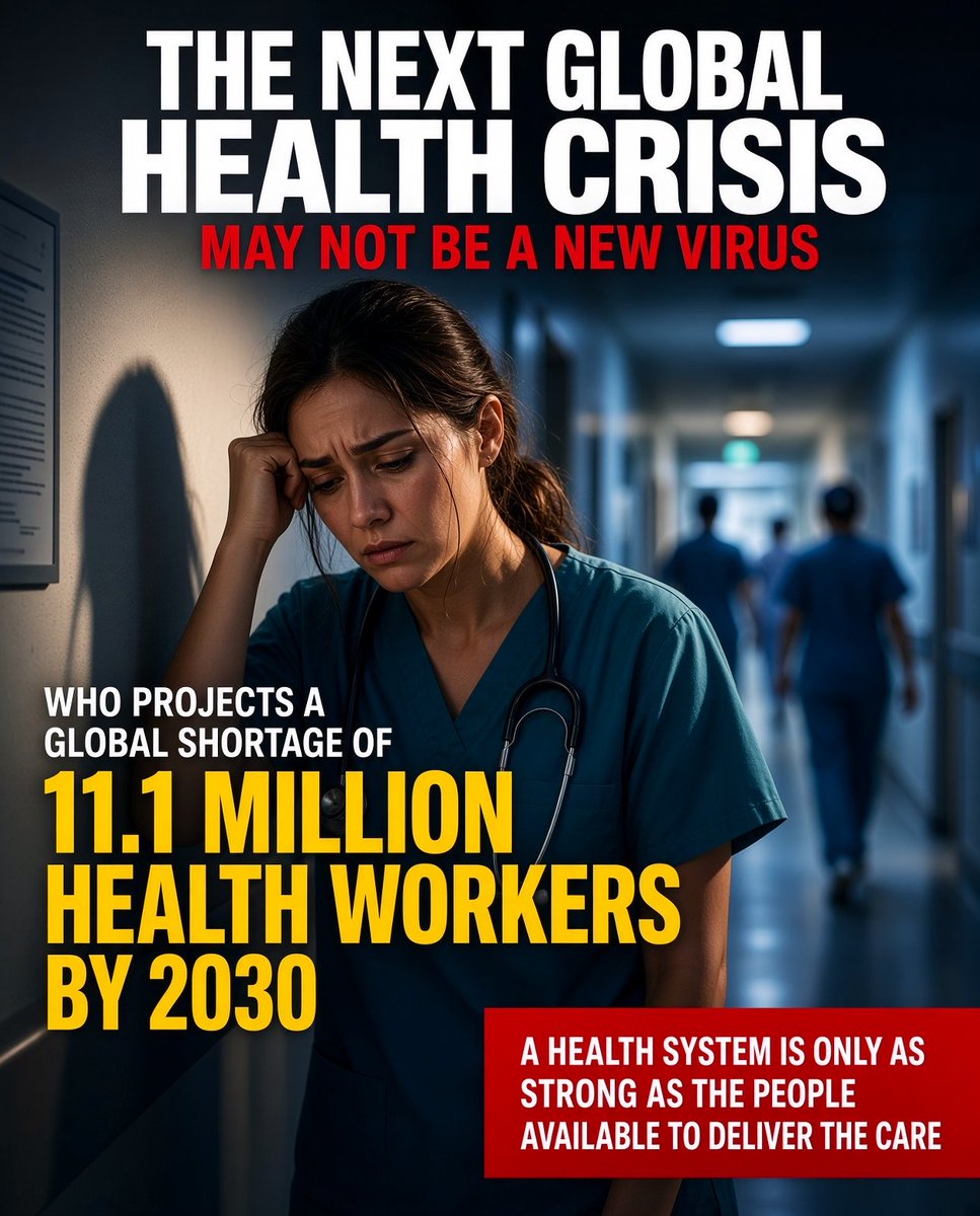 drMelvinTakes's tweet photo. THE NEXT GLOBAL HEALTH CRISIS MAY NOT BE A NEW VIRUS.

It may be not having enough people left to care for the sick.

WHO projects a global shortage of 11.1 million health workers by 2030, driven by population ageing, workforce shortages and the retirement of experienced clinicians.

That gap will not be solved by technology alone.

AI can assist a doctor.

It cannot replace the nurse who notices a patient deteriorating, the midwife managing a difficult birth, or the clinician working through a night shift with limited resources.

A health system is only as strong as the people available to deliver the care.
#Health #Healthcare