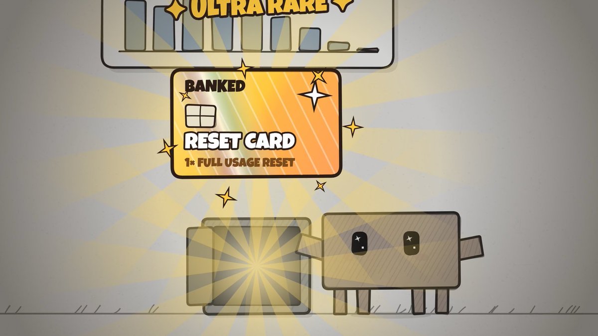 A screenshot from a video game shows an "ULTRA RARE" reward card labeled "RESET CARD" with "1x FULL USAGE RESET," presented to a cartoonish cardboard box character.