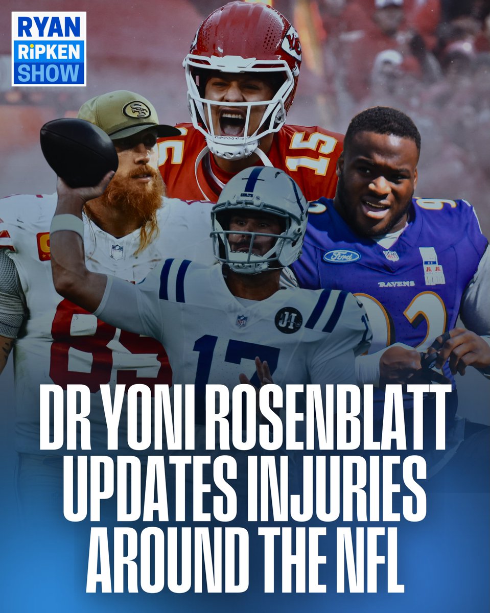 NicholleDelrh's tweet photo. Injury updates: We spoke with Dr. Yoni Rosenblatt of True Sports PT about how season-ending 2025 injuries could affect Nnamdi Madubuike, Daniel Jones, George Kittle, Patrick Mahomes and Ryan Ripken. Live weekdays at 3 PM ET. https://t.co/nuKJ3IjX56