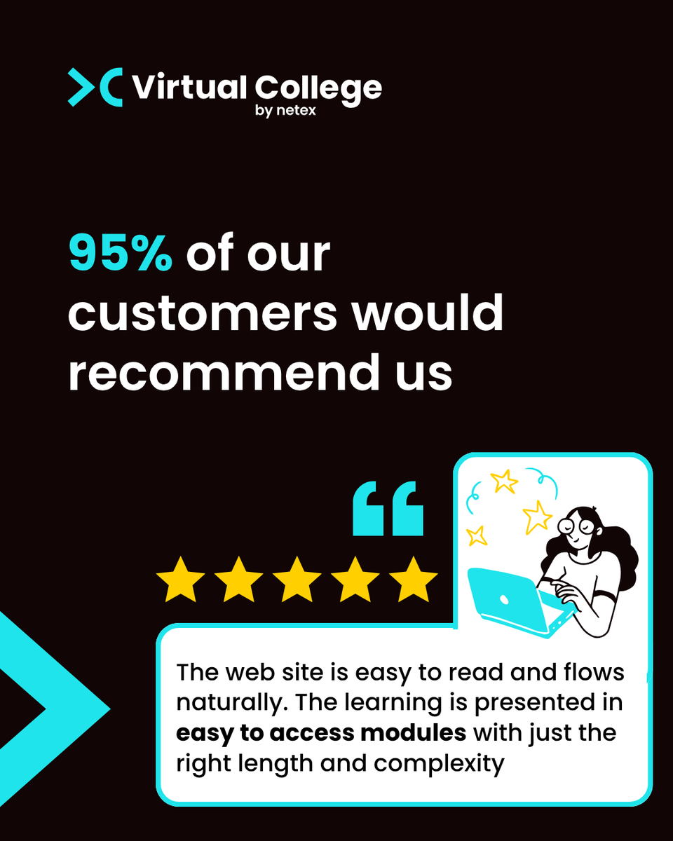 virtual_college's tweet photo. 95% of our customers would recommend us ⭐⭐⭐⭐⭐ Easy-to-access modules with just the right length and complexity: learning that works for you. https://t.co/UO8VaWmnXH