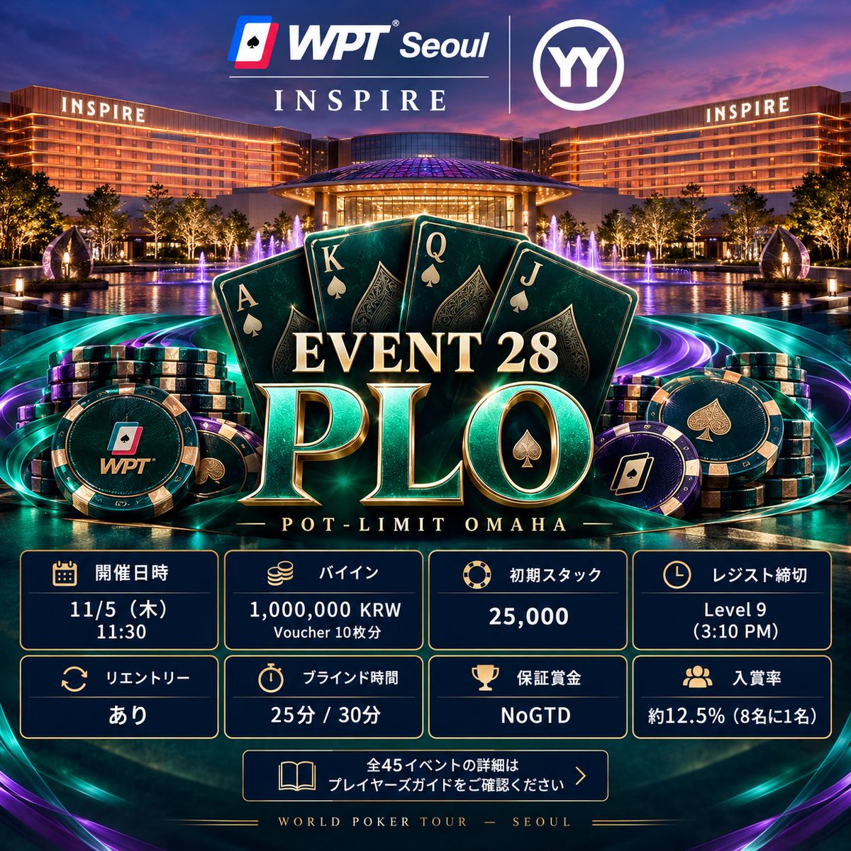 WPT_JPN's tweet photo. 【EVENT 28｜PLO】

4枚のホールカードを、使いこなせますか？

CHAMPIONSHIP開幕日の11月5日、11:30から開催されるポットリミット・オマハ。

多彩な組み合わせから生まれる強烈なハンドと、大きく動くポット。
25分／30分ブラインドで、PLOならではの深い駆け引きをしっかり楽しめるトーナメントです。

世界から集まるプレイヤーと同じテーブルで、賞金を奪い合う。
あなたのPLOスキルを、WPT SEOULの舞台で試してみませんか？

参加したい方は、ぜひこの投稿をリポストしてください。

#WPTSEOUL
#日本から世界へ挑戦の時は今