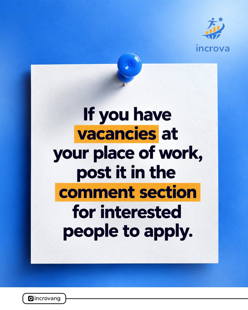 incrova's tweet photo. π’ Know of a job vacancy?
Share it in the comments so someone in our community can apply.
Your comment could be someoneβs next opportunity. π
#Incrova #JobOpportunities #Hiring https://t.co/5H3eL19OOF