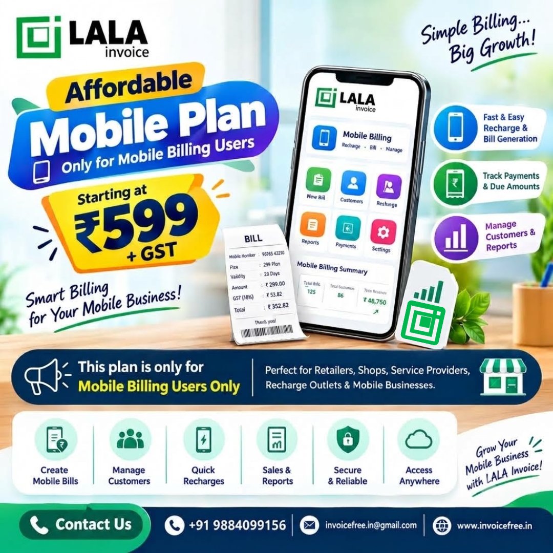 Lala_invoice's tweet photo. π Affordable Mobile Billing Made Simple with LALA Invoice!
Manage your billing, customers, payments, recharges, and reportsβall from your mobile.
π Visit: https://t.co/oIkzgSzh25
π Phone: +91 9884099156
#LALAInvoice #MobileBilling #BillingSoftware #MobileBillingSoftware https://t.co/lRBJyYhcAx