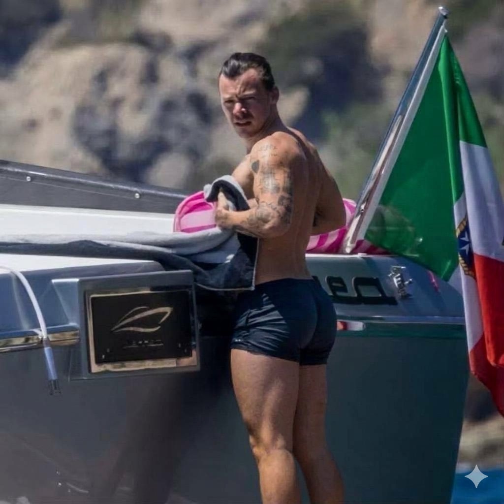 BeeFantacy's tweet photo. Singer and songwriter Harry Styles goes shirtless on a yacht in Italy in July 2021. https://t.co/Q5BifMYhBM
