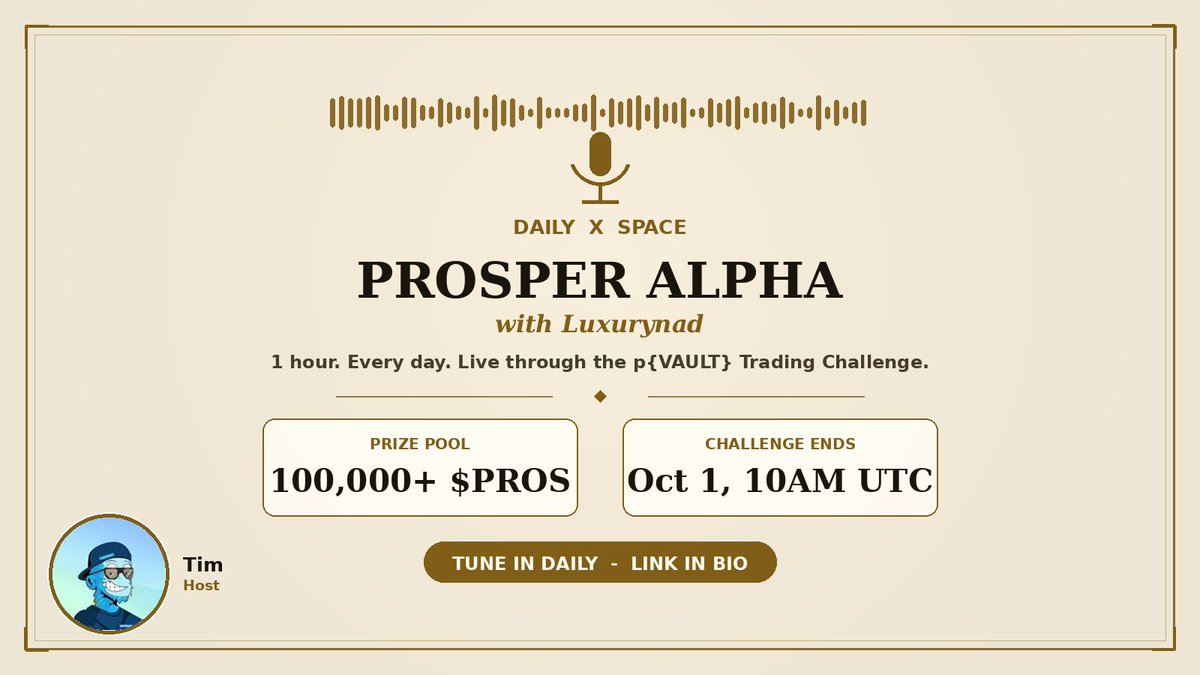luxurynad's tweet photo. Set a reminder for Prosper Alpha Space
🍿 Daily Space, straight through the p{VAULT} Trading Challenge.
What's moving, who's leading the leaderboard, how to actually maximize your points.
Pull Up fam! 100k+ pharos-network:native on the table.
https://t.co/8n2kcXTgV8 #ProsperAlpha