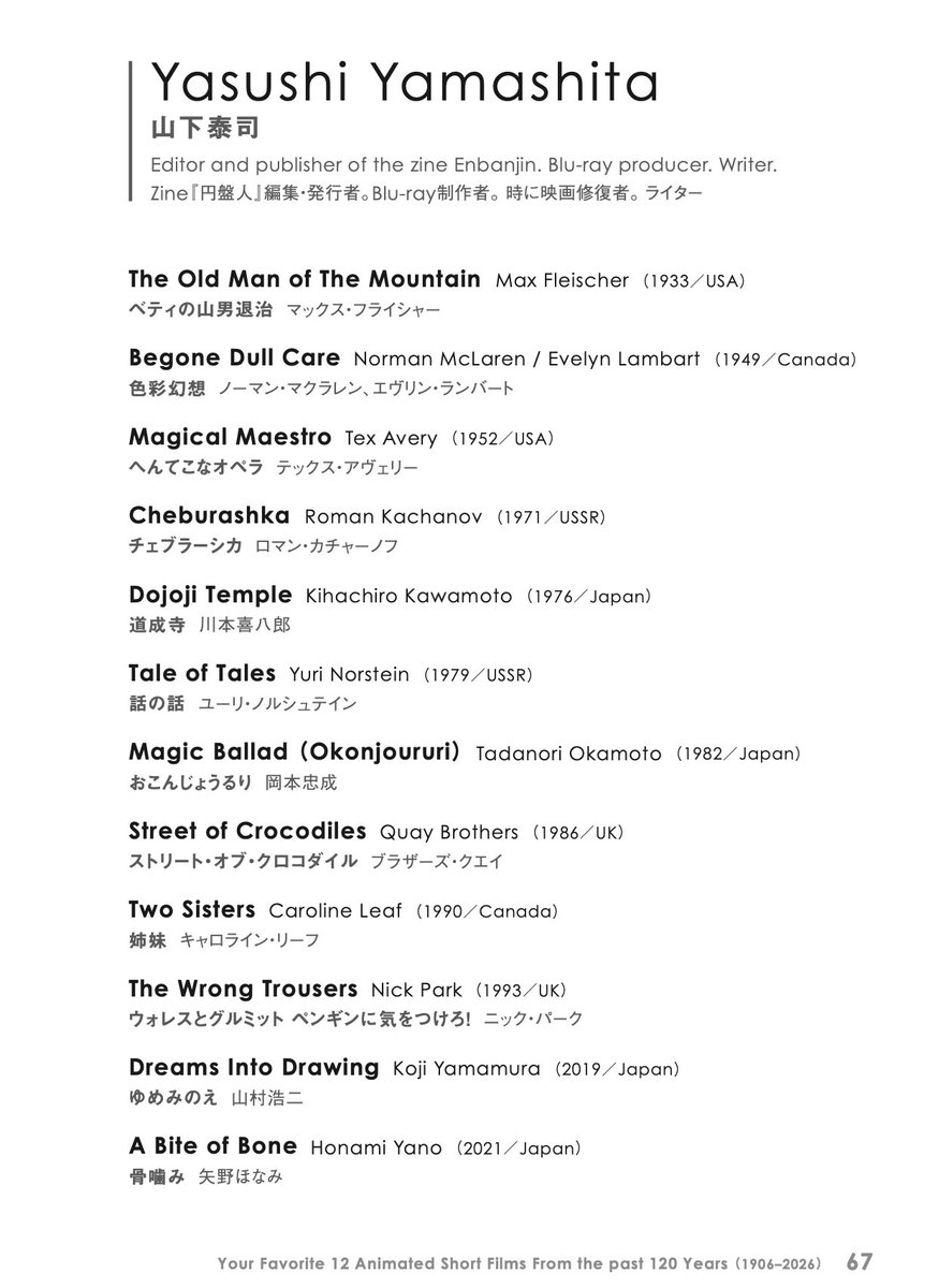 AnimationSeason's tweet photo. ╭━━━━━━━━━━━━━━━╮
　あなたの愛する
　12本の短編アニメーション作品
　#YourFavorite12AnimatedShortFilms
╰━━━━━━━ｖ━━━━━━━╯

#短編アニメーション120周年 を記念した企画「パーソナル・ベスト12」をご紹介します📘

▼小野朋子さん（新千歳空港国際アニメーション映画祭チーフディレクター）の回答 
https://t.co/jesdDCoxpA

▼山下泰司さん（Zine『円盤人」編集・発行者、Blu-ray制作者、時に映画修復者、ライタ���）の回答
https://t.co/ggfHbwptmg

環太平洋アジアのアニメーション関係者68名が選んだ、全作品の年表が付いた冊子は、税込1,000円（A6判・84P）で、ニューディアーオンラインショップにてご購入いただけます！ https://t.co/LCr7pilpnj 

#HAS2026
