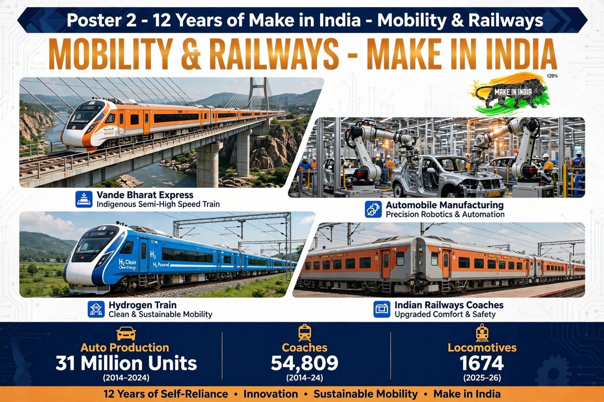 DattaSubi's tweet photo. Brief Achievements*  *12 Years of Make in India (2014-2026)* 

*- Defence & Aerospace Power*
*Achievements:*
- Defence Production jumped from *Rs 46,429 cr (2014-15) to record Rs 1.78 lakh cr in 2025-26*
- HAL opened 3rd Tejas Mk1A line in Oct 2025 - capacity *24 aircraft/year*
- Indigenous warships, Kalvari submarines, C295 transport aircraft, Vikram rockets (VIKRAM3201 - first fully Make-in-India space microprocessor) 

*- Mobility & Railways*
*Achievements:*
- Vehicle production *31.03 million units in 2024-25, 33% higher than 2014-15*
- Railways: *54,809 coaches made (2014-24)*, avg annual coach production from <3300 to 5481
- *1,674 locomotives produced in 2025-26* + Vande Bharat, H2 Clean Hydrogen Train 

*- Electronics & Semiconductor*
*Achievements:*
- Electronics production *Rs 1.9 lakh cr to Rs 13.11 lakh cr - 7x growth*
- Mobile production *Rs 18,000 cr to Rs 6.27 lakh cr - 33x growth*, India now *world's 2nd largest mobile manufacturer*
- PLI schemes drove *Rs 2.58 lakh cr investment, Rs 15.53 lakh cr exports, 14.57 lakh jobs* (as of June 2026)
- iPhone assembly, chips on fingertip (VIKRAM3201/KALPANA3201) 

* - Green, Pharma & Digital Future*
*Achievements:*
- *Solar Module capacity 2.3 GW (2014) to 192 GW (June 2026), Solar-cell 1.2 GW to ∼30 GW*
- Pharma: *3rd globally by volume, turnover Rs 4,71,898 cr in 2024-25*
- *Steel 81.7 MT to 170.0 MT (2025-26)*, EV 30kW indigenous drive launched March 2026
- 5G towers, UPI QR payments, pharma tablets, solar farm - 

*Tagline  :MAKE IN INDIA → INNOVATE IN INDIA → SCALE FOR THE WORLD_