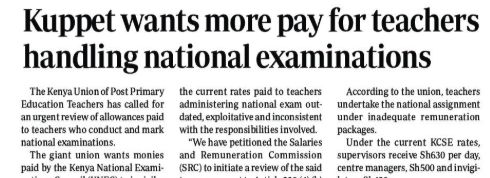MzalendoWatch's tweet photo. The Kenya Union of Post Primary Educadion Teachers has called for an urgent review of allowances paid to teachers who conduct and mark national examinations. via @StandardKenya https://t.co/2Ge5NyW0kI