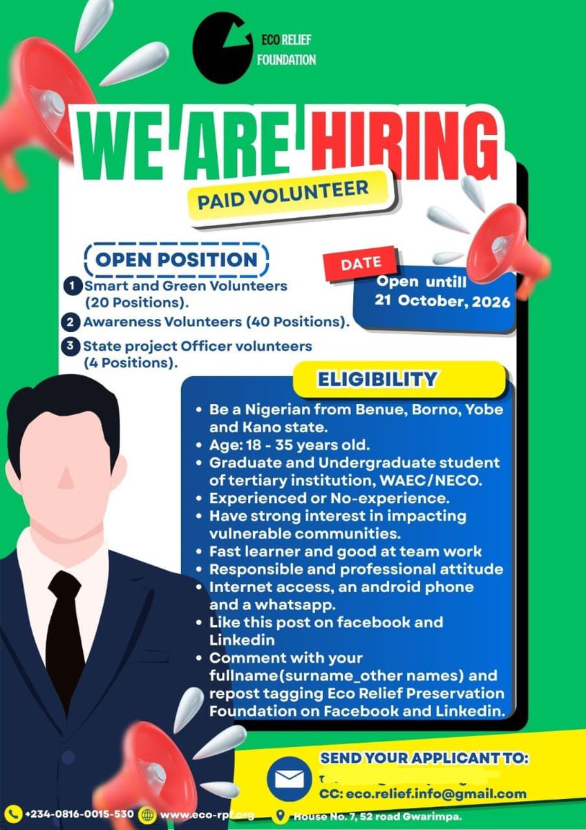 EcorelifeInfo's tweet photo. 📢 WE ARE HIRING: PAID VOLUNTEERS! 🌿
Eco Relief Preservation Foundation (ERPF) is looking for dedicated and passionate youths to join her team in Nigeria, to make learn, grow and make remarkable impact in vulnerable communities https://t.co/zg83oS2thh
