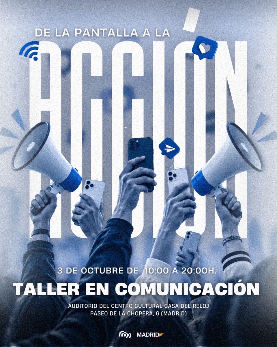 nnggmadrid's tweet photo. 📲🔴 CURSO DE FORMACIÓN EN COMUNICACIÓN

📅 3 de octubre | De 10:00 a 20:00 h
📍 Centro Cultural Casa del Reloj. Paseo de la Chopera, 6 — Madrid

Las plazas son limitadas. Inscríbete ya antes de que se agoten:

🔗 https://t.co/7yHw8pavvV https://t.co/ti0iEJP6NE