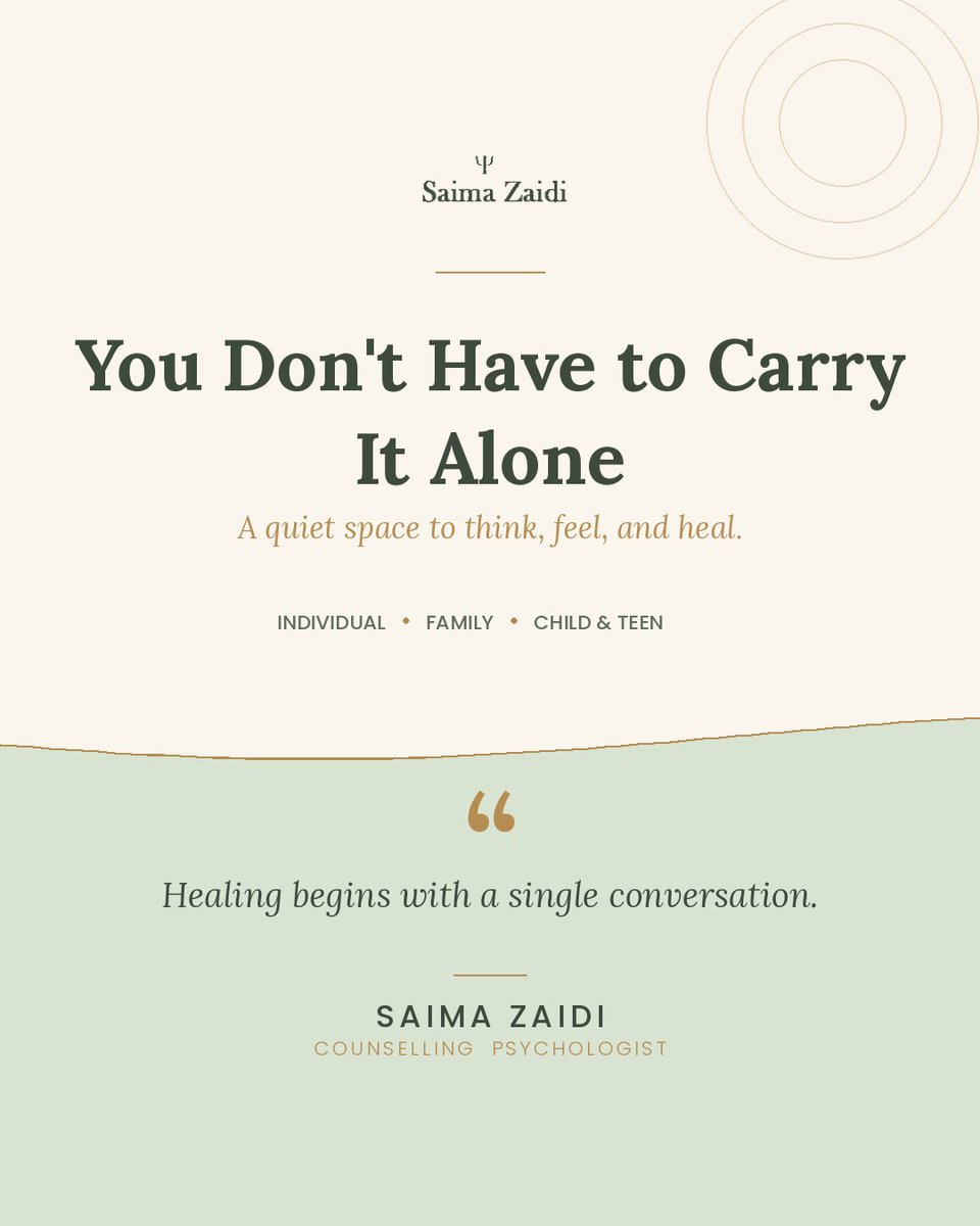 saimazaidi_'s tweet photo. You don't have to carry it alone. 🌿

Whether it's anxiety that won't quiet down, a family finding it hard to communicate, or a teen going through a tough season, therapy offers a space to slow down, be heard, and start healing.

#PsychologistInNoida #TherapyInNoida https://t.co/vyCbkNE5HN