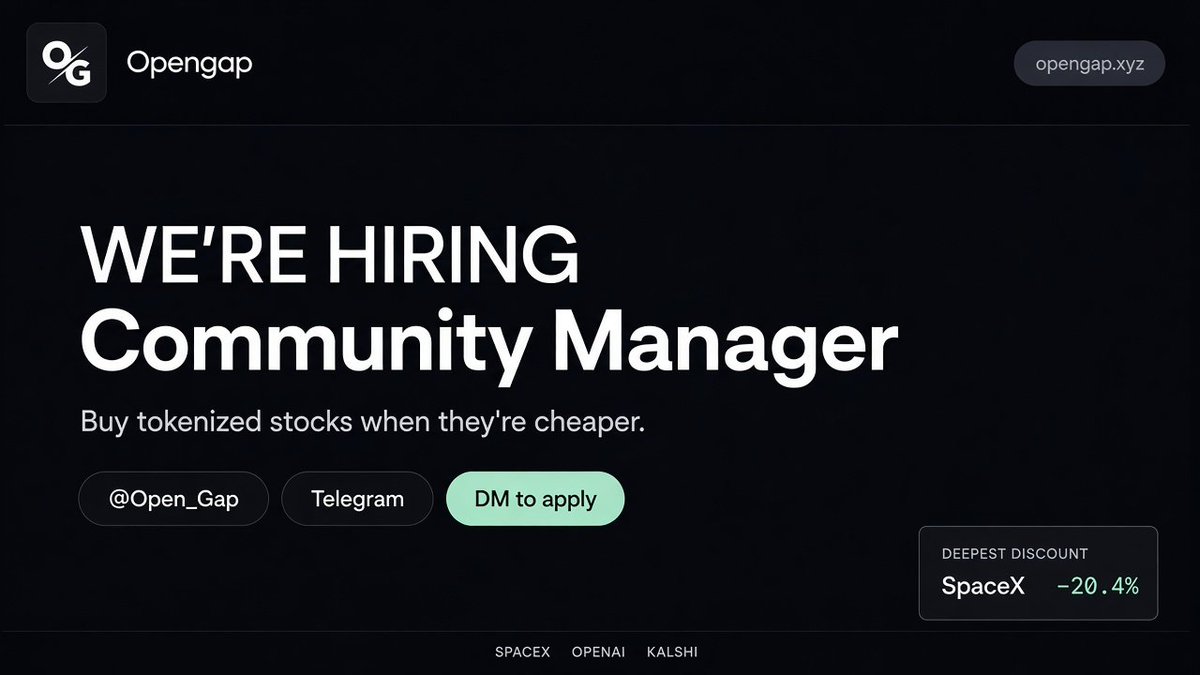 Open_Gap's tweet photo. we're hiring a Community Manager. $800/month

not a "gm" intern. not a guy who pastes CA in 40 chats and calls it growth.

$OPENGAP is live. we buy tokenized stocks when Jupiter is cheaper than the official mark. public agent. one mint. 

the desk is built. the tape is printing. distribution is the bottleneck.

if you already sit in cabals, KOL DMs, TG trenches, and CT replies and people actually answer you - read this.

you will
- own @Open_Gap + TG like it's your ticker
- get the product in front of groups that buy early @solana 
- brief KOLs without sounding like a paid shill
- turn green names on the tape into posts the same day
- keep the chat high-signal. no bot farms. no "wen moon" spam
- report what CT actually said, not what you wish they said

you already
- live on CT / TG. english that slaps
- know Solana trenches, @JupiterExchange , @MeteoraAG , @PreStocks -style names
- have receipts: chats you grew, launches you didn't rug the vibe of
- can explain tape vs mark in one line to a degen who has 8 seconds

not you if
- your only skill is follow-for-follow
- you need a 12-page brand book to tweet
- you invent holder counts

- the pack App: https://t.co/TRfCYMUwtf 
- $OPENGAP: https://t.co/zFf2oIog2X
- TG: https://t.co/fEnHCMLiaI 
- CA: Fvto3QgSLbcWdq331BoR66RDkT7dZYgTS9JzbntMf7rD

Type Interested in Comments and dm @Open_Gap with:
- two tweets you wrote that actually hit
- one community you ran
- why this desk, not another meme
- your TG / X

if you have to ask what the product is, don't DM. If you already get why green = cheaper than official, we want you yesterday.

$OPENGAP