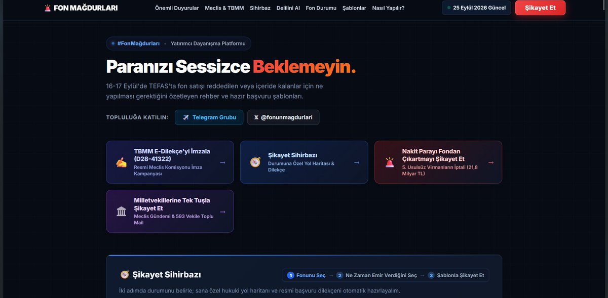 fonunmagdurlari's tweet photo. İLK GÜN BİZİ GÖRMEZDEN GELEN KURUMLAR, YARATTIĞIMIZ ON BİNLERCE TOPLU ŞİKAYET BASKISIYLA TUTUŞTU! ASLA GERİ ADIM ATMIYORUZ!
https://t.co/uynIzCiE0L

"Şikayet ettim ama henüz bireysel bir dönüş alamadım" diyen arkadaşlarımız oluyor. Süreci çok net anlamamız gerekiyor: Siz sanıyor musunuz ki kurumlar, bakanlıklar, bankalar kendi keyiflerinden ve iyi niyetlerinden dolayı peş peşe açıklamalar yapıyor, tasfiye bültenleri yayımlıyor ve konuyu masaya yatırıyor?

İlk gün bizi tamamen görmezden gelenler; bugün on binlerce toplu şikayet dilekçemiz, aralıksız sosyal medya baskımız ve resmi başvurularımız sayesinde köşeye sıkıştı. Birbirlerini suçlamaya başladılar: TEFAS aracı kurumları, aracı kurumlar TEFAS'ı işaret ediyor ortada tek kanit yok.

Bu kriz "tek tek mail atayım da benim sorunu halletsinler" meselesi değildir. Bu 455 bin kişinin ortak toplumsal krizidir hepimize tek tek yetisemezler ve çözüm de yarattığımız bu organize baskı sayesinde KAP kararlarıyla toplu olarak gelecektir!

Milletvekilleri Meclis'te sesimizi duyurduysa,
Konu bakanlıkların ve Cumhurbaşkanlığı'nın masasına doğrudan gittiyse,
Kurumlar tutuşup açıklama yapmak zorunda kaldıysa, hepsi platformumuz üzerinden yapılan TOPLU şikayetler sayesindedir!
BU YÜZDEN ASLA DURMAK YOK:

-Sattınız ama paranız içeride mi kaldı?
-Satış emriniz hukuksuzca iptal veya red mi yedi?
-Kurum ekranı erkenden kapatıp satış hakkınızı mı engelledi?
-Tasfiyeye kaldınız ve sürecin akıbetini mi bekliyorsunuz?
-Şikayet ettiniz ama tatmin edici bir cevap alamadınız mı?
HAKKIMIZI KURUŞU KURUŞUNA ALANA KADAR ŞİKAYET ETMEYE DEVAM EDECEĞİZ! 

Biz kendi hakkımızı savunmazsak kimse bizim yerimize savunmaz!

CİMER, KDK, SPK, Bankalar, TBB, BDDK, e-Dilekçe ve tüm milletvekillerine tek tıkla şikayet gönderebileceğiniz güncel hazır metinler için platformumuzdaki sikayet sihirbazıni kullanın:

https://t.co/uynIzCiE0L

Yardima ihtiyaciniz oldugu noktalarda yorumlara yazabilirsiniz birbirimize yardimci olacagiz.

Yorumlarda tum devlet yetkililerini ve kurumlari taglayiniz.

Doğru yoldayız, baskıyı gevşetmeyeceğiz, hakkımızı alacağız!

#fonmağdurları #FonMagdurlari #TefasMagdurlari #SPK #MehmetSimsek #TBMM #CIMER #KDK #FonMağdurları #TEFAS #Takasbank #Fibabanka @55erhanusta @cevdetakaychp @spkgovtr @Takasbank @memetsimsek @RTErdogan @abakingurlek