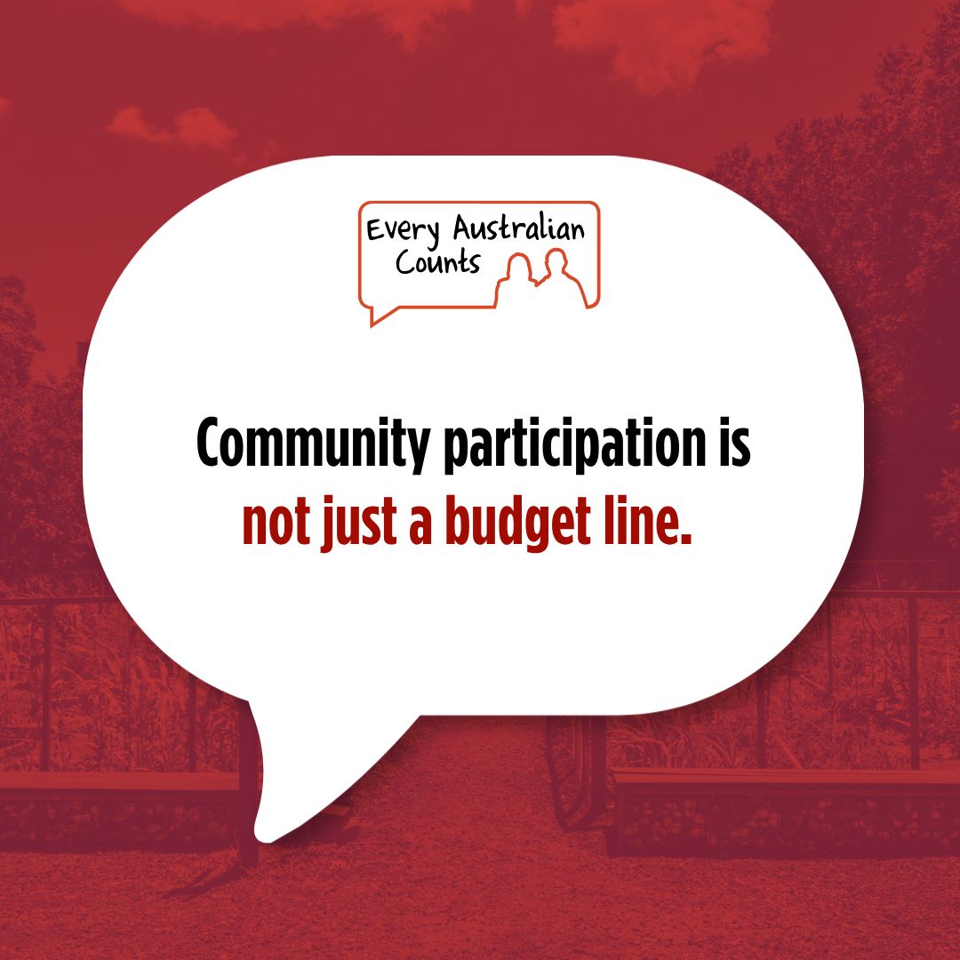 EveryAustralian's tweet photo. Community participation means friends, independence, volunteering and connection.

If your support changes after 1 October, tell us what happens:
https://t.co/V0GsOE8utg

A “saving” isn’t a saving if the cost is shifted elsewhere.

#ProtectOurNDIS #EveryAustralianCounts https://t.co/b5aZyA6n9m