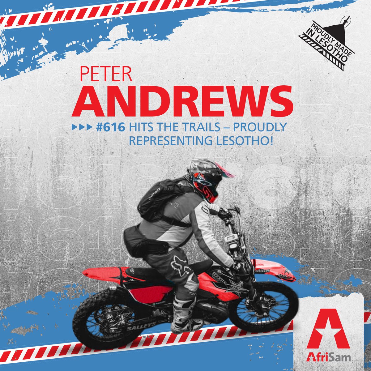 AfriSam's tweet photo. Day two of the @TheRoofOfAfrica 2026 is underway! Our Lesotho hero – Peter Andrews (#616), 48, from Maseru – is powering through the trails in the Silver Class with skill, strength and determination.

Proudly sponsored by @AfriSam, Peter has competed in the Roof of Africa four times, finishing three, and races to keep the sport alive in Lesotho while inspiring the next generation of riders. Today, he embodies the resilience and heart that make him a true Basotho champion.

Follow and cheer on Andrews live, here: https://t.co/Ti1vR6qO16

#ProudlyLesotho #AskForAfriSam #CreatingConcretePossibilities