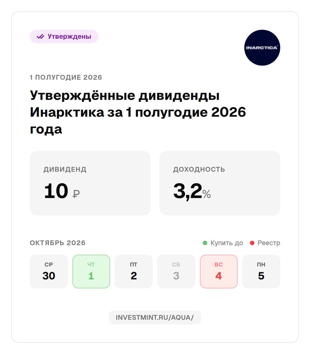 investmintru's tweet photo. Инарктика: дивиденды утверждены за 1 полугодие 2026 года #AQUA https://t.co/QjXovcFq6c