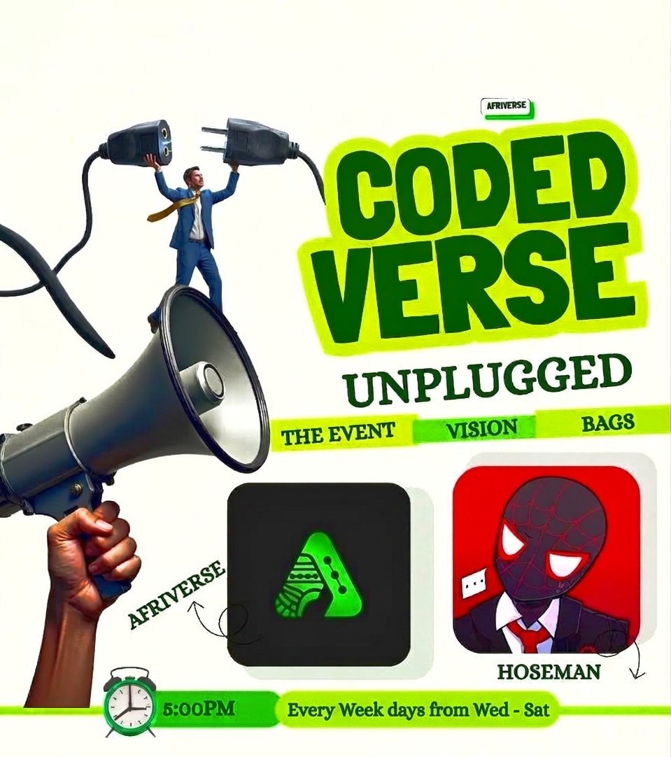 Afriverseworld's tweet photo. Do you have that one friend who thinks Web3 is just a land of get-rich-quick schemes and overnight millions?

Or the friend who assumes you're filthy rich just because "you're in crypto"?
 
..Or maybe you are that friend? 👀

It’s time to cut through the noise.

Join us for Codedverse Unplugged:
The Event, The Vision, The Bags... as we strip away the fluff, expose the real grit behind those 4-figure wallets, and break down what Web3 actually is.

🗓️ Every Wednesday to Saturday
⏰ 5:00 PM – 7:00 PM WAT

⏳ 2 hours of raw, unfiltered learning...

Get educated online, then bring that energy in person.

 Meet us in Jos for Codedverse 1.0 (October 10, 2026).