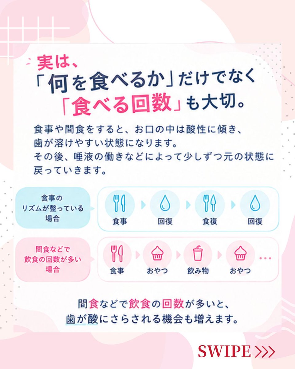 KISSYOU_ion's tweet photo. ＼食欲の秋🍠🌰🍎／

おいしいものが増える秋。
ついつい、おやつや甘いものを楽しむ機会も増えていませんか？🦷

食欲の秋だからこそ、
お口のケアも忘れずに🦷✨

「食べる回数」にも注目して、
今日からできるケアをまとめました。

ぜひ画像をチェックしてみてください😊

※ご紹介する内容は、一般的なセルフケアの一例です。
お口の状態には個人差があります。
気になる症状がある場合は、歯科医院へご相談ください。

@KISSYOU_ionでは
自社製品の紹介だけではなく、
歯みがきやオーラルケアに役立つ情報も発信しています🦷

ぜひフォローして、
次回の投稿もお楽しみください🪥✨

#秋 #食欲の秋 #歯みがき #オーラルケア #イオン歯ブラシ