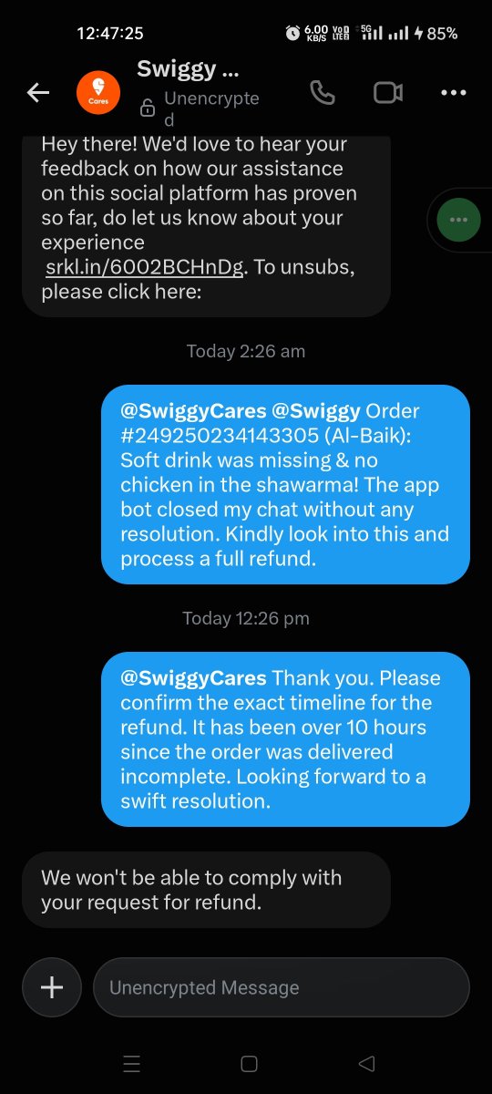 Nikhil_P_Pandit's tweet photo. @SwiggyCares @Swiggy Look at the double standards of @SwiggyCares @Swiggy! On public timeline they say "matter is taken with priority", but in DMs they bluntly refuse refund for missing food in Order #249250234143305! Filing an complaint with @jagograhakjago right now. #ConsumerRights #SwiggyScam https://t.co/CEpVK0bAKs