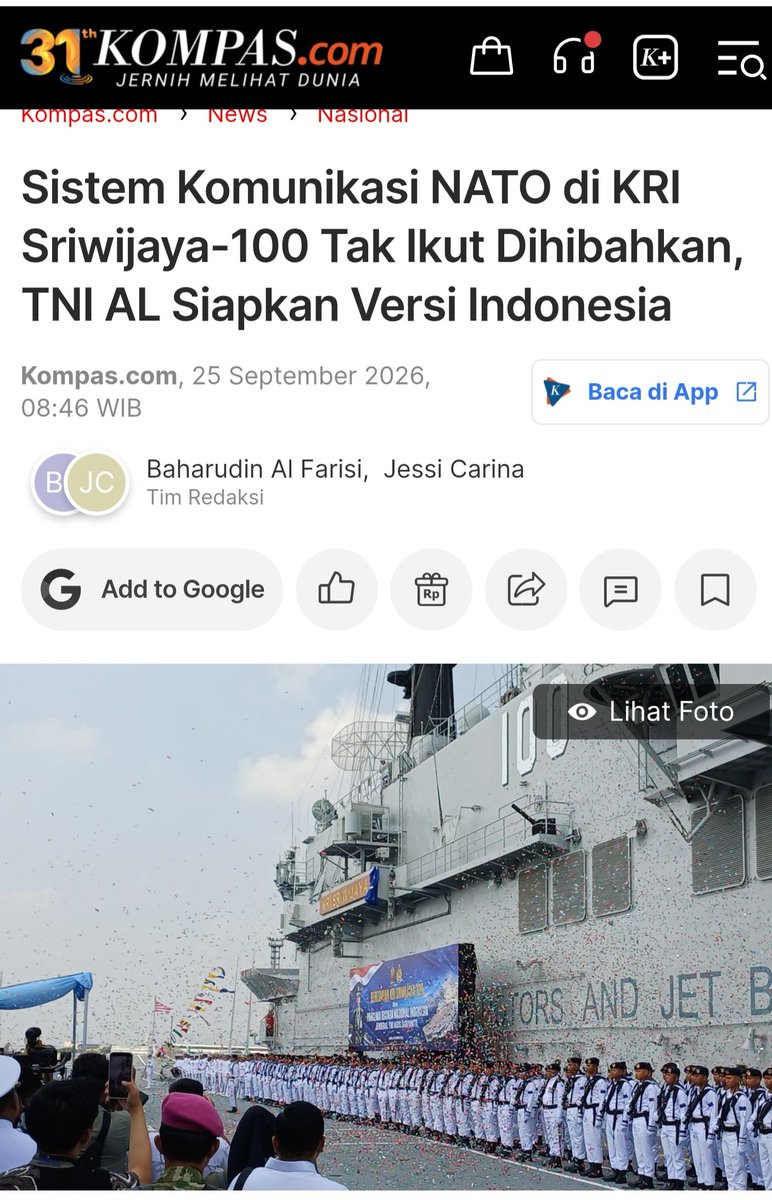 triwul82's tweet photo. Makin terbuka 'belang'-nya. Berita Kompas konfirmasi: Sistem komunikasi NATO di KRI Sriwijaya (Garibaldi) 100% TIDAK IKUT DIHIBAHKAN & dicopot Italia.

Mari kita bedah artinya secara teknis:

1. Kapal 'Tuli & Bisu': Sistem komunikasi & tactical data link adalah nyawa dari kapal komando. Tanpa sistem itu, kapal 10.000 ton ini cuma besi kosong melompong. Kita beli 'kulit tua'-nya doang, isinya dicopot.

2. Tagihan Utang Membengkak: Buat pasang sistem komunikasi & integrasi CMS baru agar bisa 'ngobrol' sama KRI lain, kita harus keluar biaya retrofit triliunan rupiah lagi. Ini alasan kenapa biaya dandan kapal tua ini membengkak sampai $450-$900 juta lewat utang.

3. Katanya Tinggal Pakai? Mana narasi "siap tempur" & "tinggal operasional"? Akhirnya kita cuma nampung bangkai besi 40 tahun yang harus diisi ulang dari nol pakai APBN.

Ini bukan transfer teknologi, ini namanya kita bayar mahal buat beli "rumah kosong karatan" yang instalasi listrik & teleponnya sudah dicabut pemilik lamanya.

https://t.co/iaCtNS9Yox