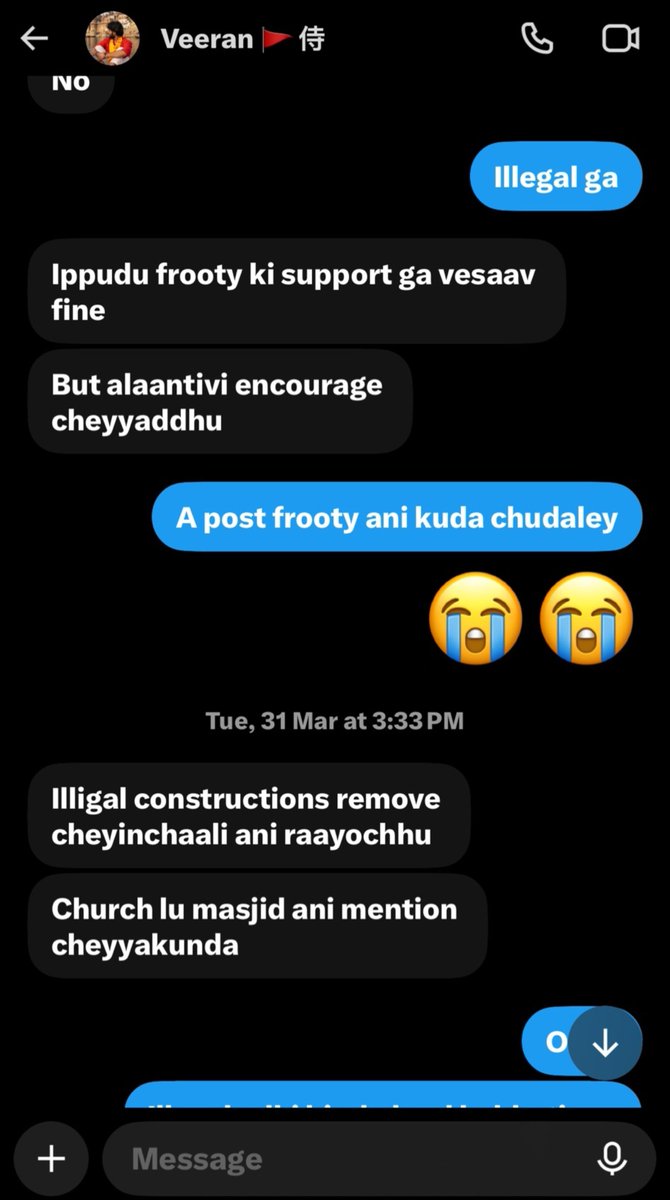FROOTY_25's tweet photo. ఇన్ని days అన్నా అన్నా అని respect ఇస్తే ఇదా మీరు నా వెనుక మాట్లాడేది? ఛీ..

అయినా నేను రఘురామ కృష్ణంరాజు రామ మందిరం కోసం fight జరిగే టైంలో వేసా.tweet లో ఏమైనా wrong ఉందా..?? 
మీరు చూసి చెప్పండి..

నాకు support గా tweet వేస్తే encourage చేయొద్దు అని tyson కి dm చేసి మరి అంటావా..?

నేనేదో నిజంగా హిందూ ఉగ్రవాది.. abuser అని రుద్దుతున్నారు కదా 🙏

నీలాగే ఇంకొకడు ఉన్నాడు Twitterలో. నా కోసం ఎవరైనా వచ్చి defend చేస్తే, ఆ అమ్మాయికి support చేయకు అని calls చేసి మరీ చెప్తాడట... ఆడంగి గాడు.. మీ బ్రతుకులు ఇవి..మీరు మళ్ళీ jsp అని చెప్పుకుంటారు..సారీ మీరు కోవర్ట్ కదా
🤗🙏

అయినా హిందూ దేవాలయాల జోలికి వచ్చిన వాళ్లని తిడితే either వాళ్లు Christians or Muslims ని తిడితే హిందూ ఉగ్రవాది  అంట నేను 👍 ఓకే 🙌🤗stop conversions అన్నాను అని హిందూ ఉగ్రవాది ఐపోయామా?

నా వెనుక ఇలా మాట్లాడే వాళ్లు అంటే నాకు అసహ్యం 🤮 #Feelingregret.

కళ్యాణ్ జోలికి వచ్చిన వాళ్లని తిడితే — abuser.
హిందూ దేవుళ్ల జోలికి వచ్చిన వాళ్లని తిడితే — హిందూ ఉగ్రవాది... ఇంకా ఏదైనా కొత్త పేర్లు ఇవ్వండి..

ఇప్పుడే చెప్తున్నాగా నన్ను ఎవరు encourage చేయొద్దు.. నేను నాకు నచ్చిన ట్వీట్ వేసుకుంటా..నాతో problem అయితే unfriend చేసుకుంటే మంచిది.👍అని చాలా సార్లు చెప్పా?.