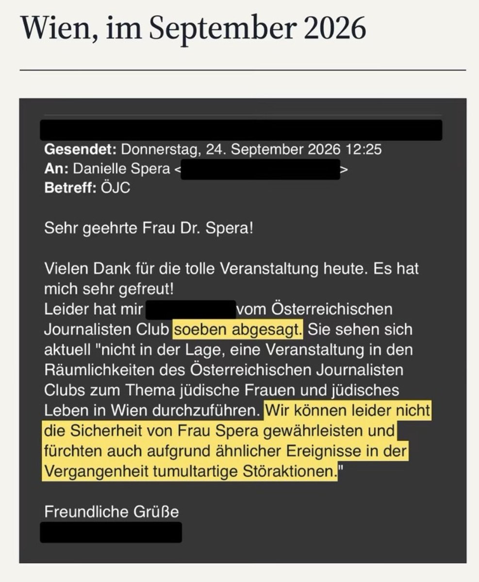 DanielKapp's tweet photo. Der Österreichische Journalisten Club cancelt eine Veranstaltung mit Danielle Spera zum Thema jüdische Frauen, weil er meint, ihre Sicherheit nicht gewährleisten zu können.

Das muss wohl dieser Haltungsjournalismus sein, von dem alle reden. https://t.co/5w6FhjFD9F