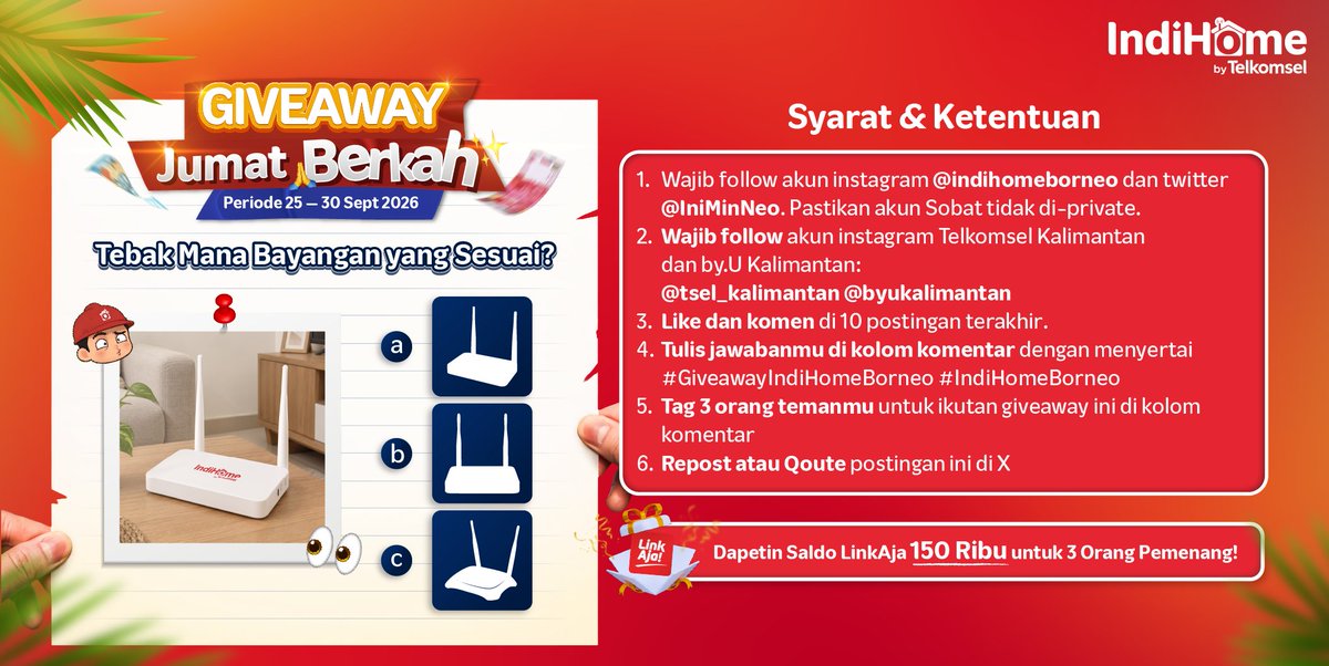 IniMinNeo's tweet photo. ✨GIVEAWAY JUMAT BERKAH!✨

Siapa nih yg matanya jeli? Coba perhatikan gambar ini, menurut kamu mana sih bayangan modem IndiHome yang paling tepat? A, B, atau C? 🤔

Ada saldo LinkAja total 150rb untuk 3 orang pemenang yang beruntung!🎁 Siapa mau? 🙋‍♂️🙋‍♀️

Cek persyaratannya, yuk!👇🏻 https://t.co/PdW1EwuvBJ