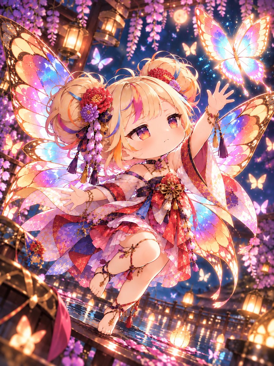 irohaxx168's tweet photo. 「蝶になりたいなぁ…🦋✨」

そう願ったイロハの背中に、
カラフルな光を放つ大きな羽根がふわり。

光に照らされながら、
今夜はどこまで飛んでいこうかな🌈🪽
 #AIart  #AIイラスト https://t.co/UqiBzKvNbT