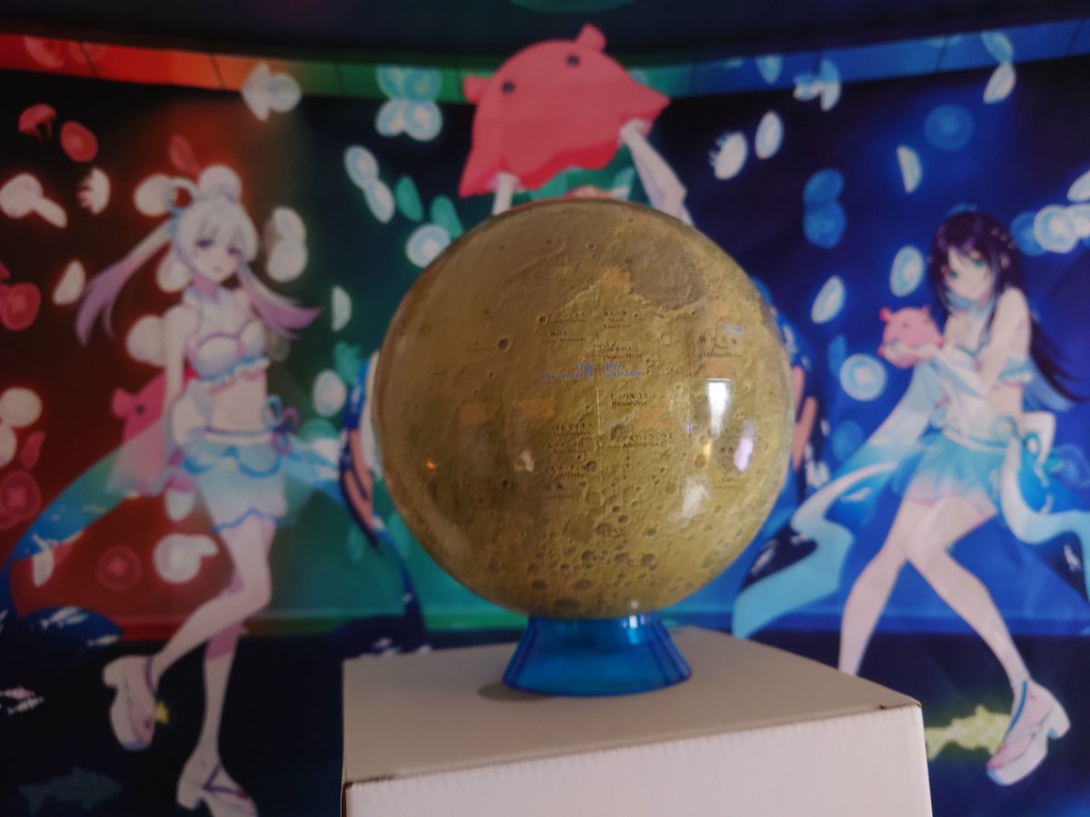 arandaspida's tweet photo. 今日は曇ってて中秋の名月見られなさそうなので月球儀見ながら月見します
ちなみにこれ月探査機かぐやが撮影したデータで作られているそうです
https://t.co/zr85gAxVuH https://t.co/W7yxmVc9Hi