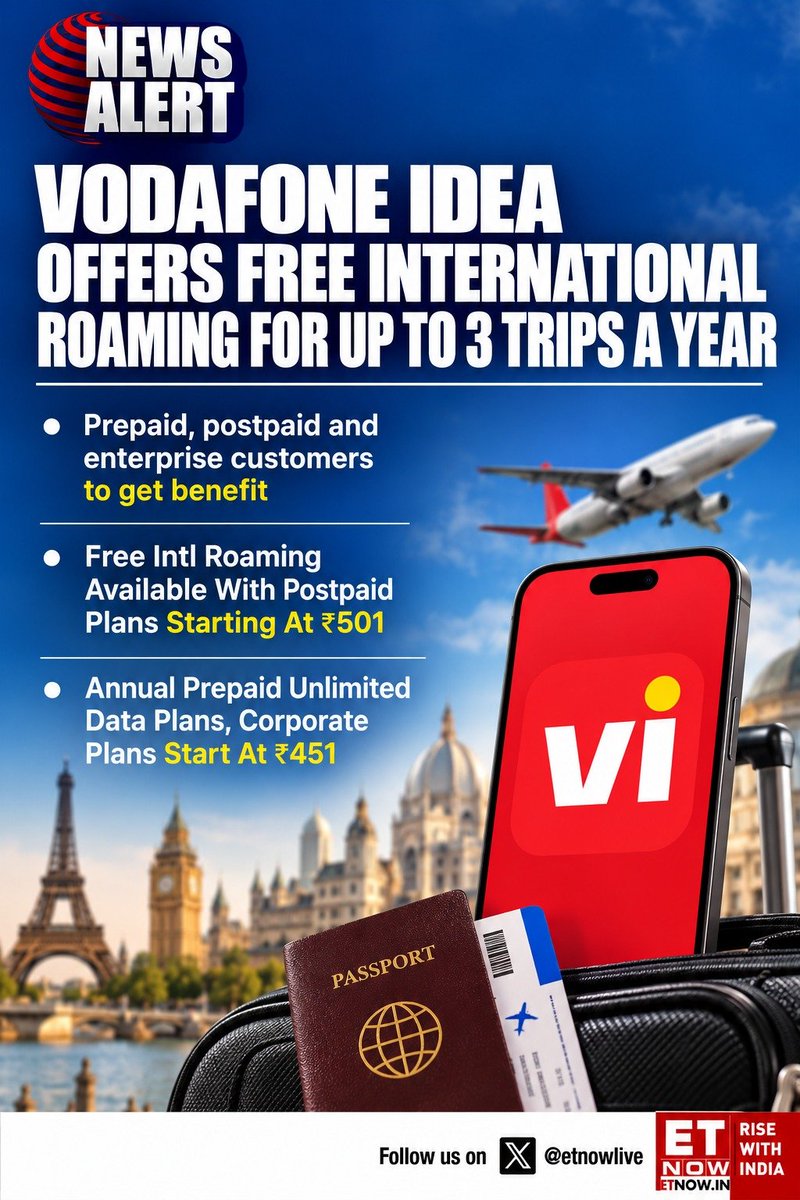 ETNOWlive's tweet photo. #NewsAlert | Vodafone Idea offers free international roaming for up to 3 trips a year ✈️
The benefit can be used for up to three international trips a year, with data and outgoing-call allowances varying by plan.
#VodafoneIdea #Vi #InternationalRoaming #Telecom #Travel #Roaming #BusinessNews #NewsAlert #ETNOW