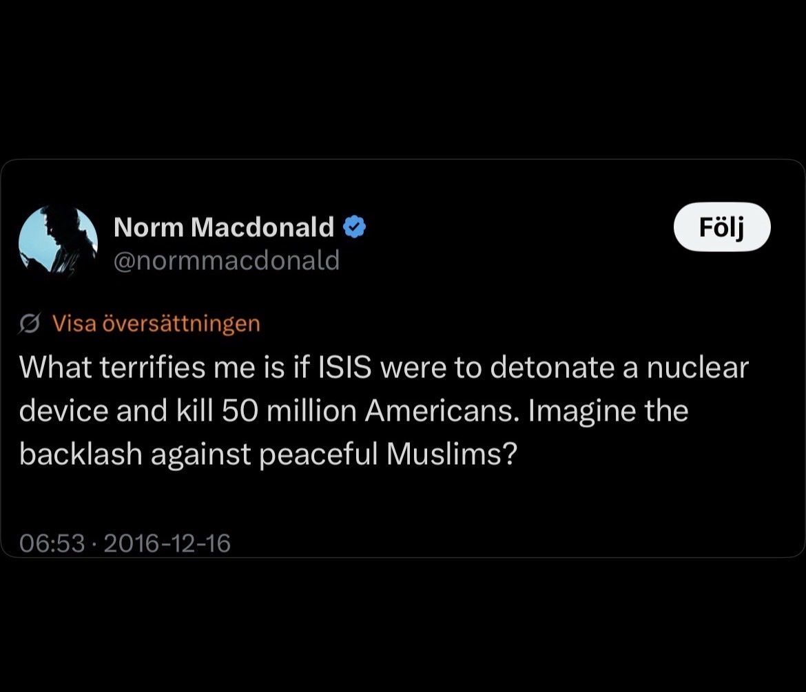 hanifbali's tweet photo. SVT är en oironisk variant av Norm Macdonalds odödliga tweet. https://t.co/LOmpLUyyDW
