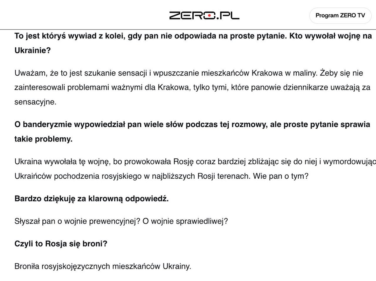 jakubwiech's tweet photo. Scrollujcie dalej, to tylko kandydat Grzegorza Brauna na prezydenta Krakowa mówi w wywiadzie z @p_figurski, że to Ukraina wywołała wojnę, prowokowała Rosję, a Rosja to się w ogóle broni. https://t.co/lfEsDwaLJ1