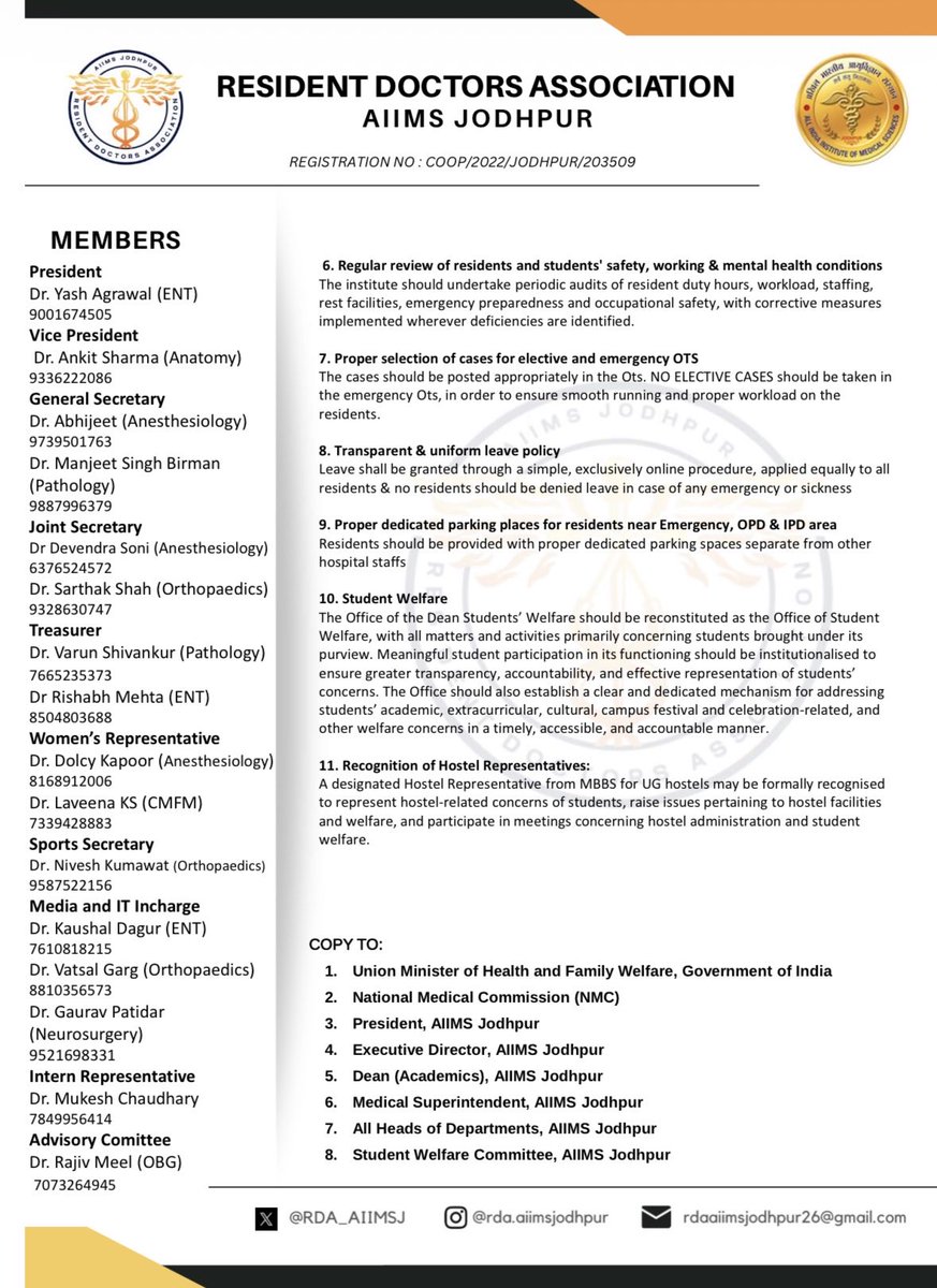 RDA_AIIMSJ's tweet photo. We extend our sincere gratitude to everyone across the nation standing in solidarity with us during this crucial time.
As we navigate this movement together, we wish to state clearly that all official communications, demands, and representations of RDA AIIMS Jodhpur are issued exclusively through our official social media channels (twitter-@RDA_AIIMSJ  and instagram - https://t.co/1uBHQxW1m9).
While we value all constructive support, opinions expressed by individuals, alumni, or commentators on external platforms, podcasts, or personal accounts are strictly their personal views. They do not reflect the official stand of RDA AIIMS Jodhpur or our resident body.
Our movement remains disciplined, focused, and united—working constructively alongside our respected faculty toward genuine systemic change and justice for Dr. Rajnaresh.

#JusticeForDrRajnaresh #AIIMSJodhpur #RDAAIIMSJodhpur #MoHFW #HealthMinistry #JPNadda #PMOIndia #NMC #IMA #FAIMA #FORDA #MedTwitter #MedTwitterIndia #ResidentDoctors #DoctorsAreHuman #HealersNotMachines #Stop36HourShifts
@narendramodi @JPNadda @MoHFW_INDIA @BhajanlalBjp @gssjodhpur @aiims_jodhpur @PMOIndia @nmc_india @FordaIndia @FAIMA_INDIA_ 

@NMC_BHARAT @NBEMS_Official @IMAIndiaOrg
@medicaldialogs @ANI @ThePrintIndia