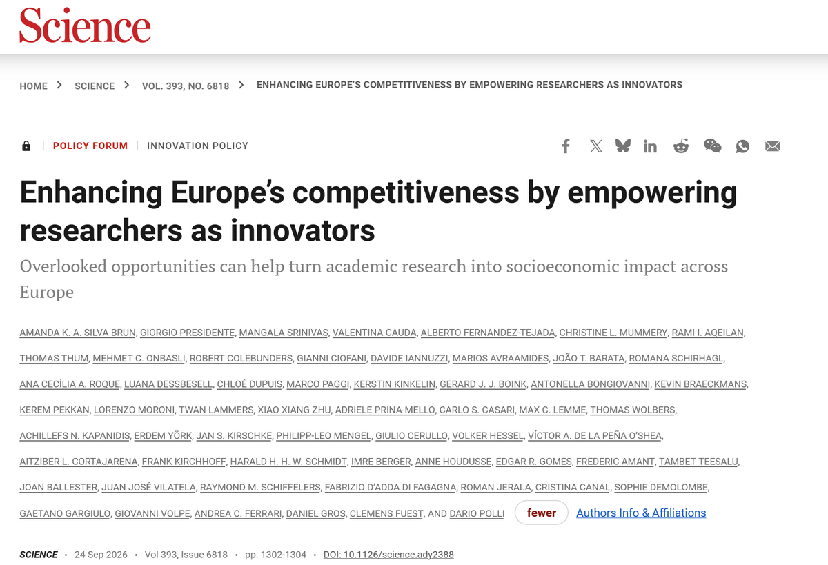 CiofaniGianni's tweet photo. Enhancing Europe’s competitiveness by empowering researchers as innovators: I am very happy to have contributed to the work of the #INPACT! group, summarized in this Policy Article just published on @ScienceMagazine !

https://t.co/abq0VuBUSw

@IITalk https://t.co/1lZmQfHG6l