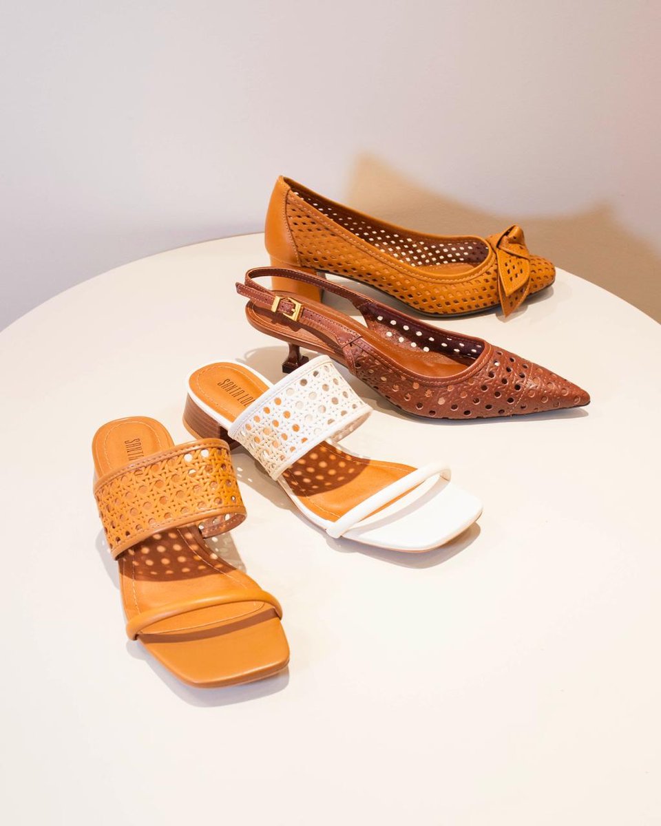 DeniseOffir8's tweet photo. A nova coleção celebra a elegância atemporal do material vazado. Qual é o seu favorito: mule, slingback ou scarpin de bico redondo? https://t.co/MEc3ioLPU7