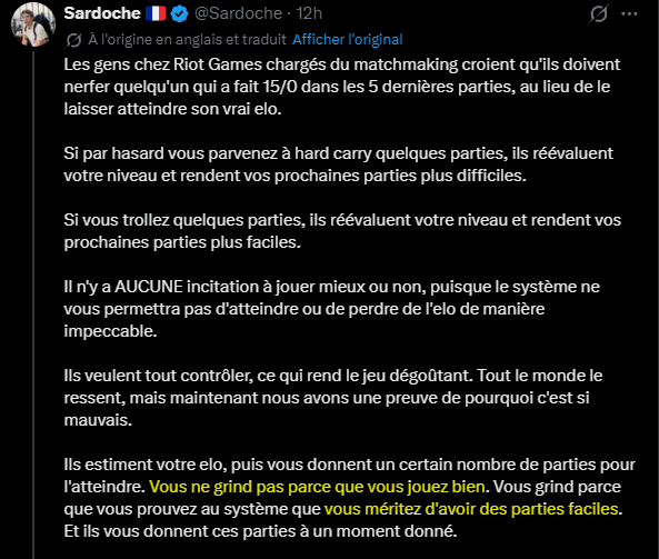 BSE_Anoss's tweet photo. Monsieur 147 IQ est encore stuck sous les 800 LP donc c'est la faute à RIOT.
On ne grind pas parce qu'on joue bien mais parce que l'algo t'aide ou te détruit.
L'algo aide donc chaque saison Caliste, Hans, Ekkosama, Splinter a être GM mais pas Sardo, méchant algorithme !
Un déchet https://t.co/Xx0bGG90MS