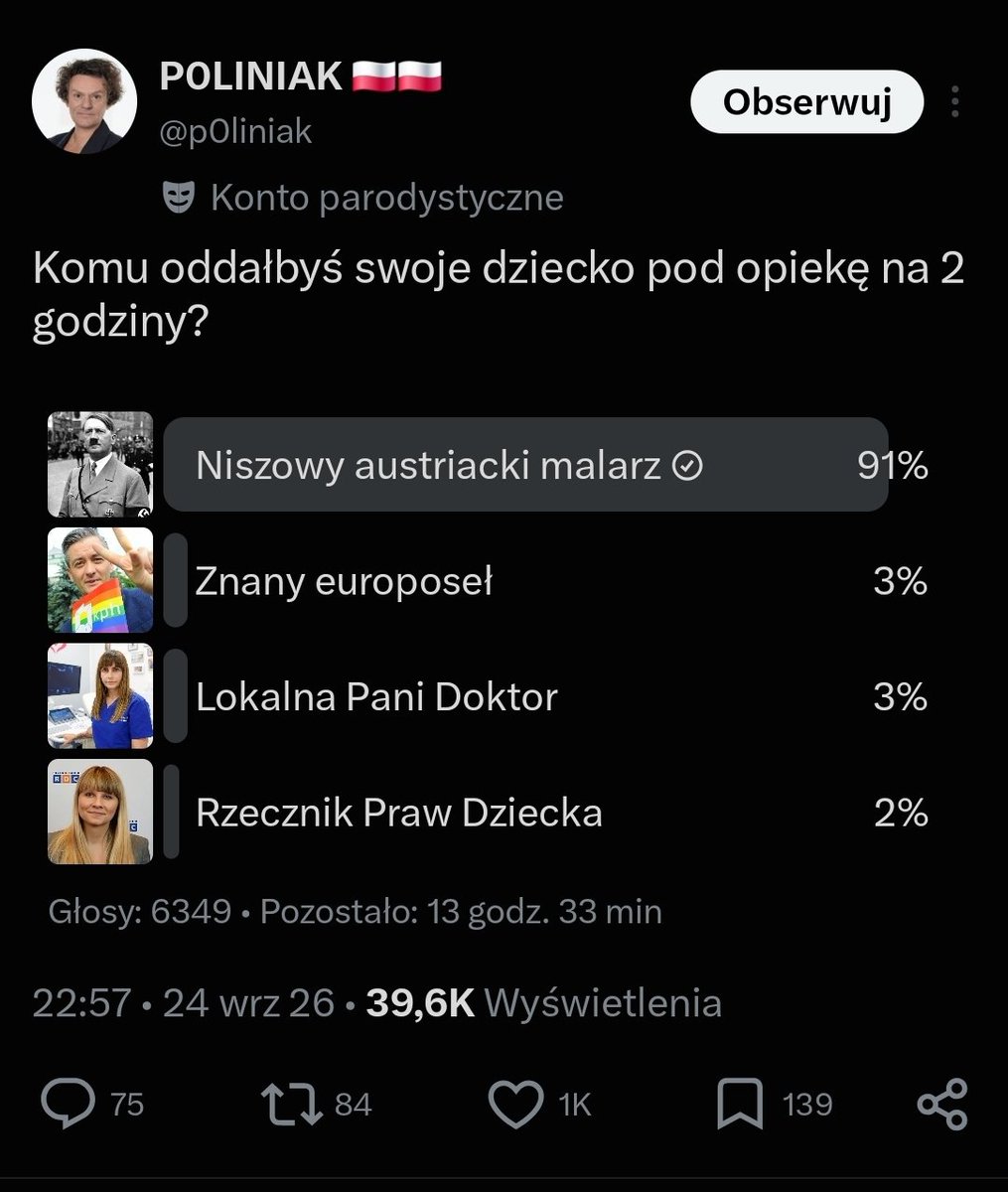 SolPoznan's tweet photo. Kiedy Rzecznik Praw Dziecka przegrywa z Hitlerem 91:2, to sondaż przestaje być sondażem, a zaczyna być oceną okresową 🥳 https://t.co/Es94jNN8vs