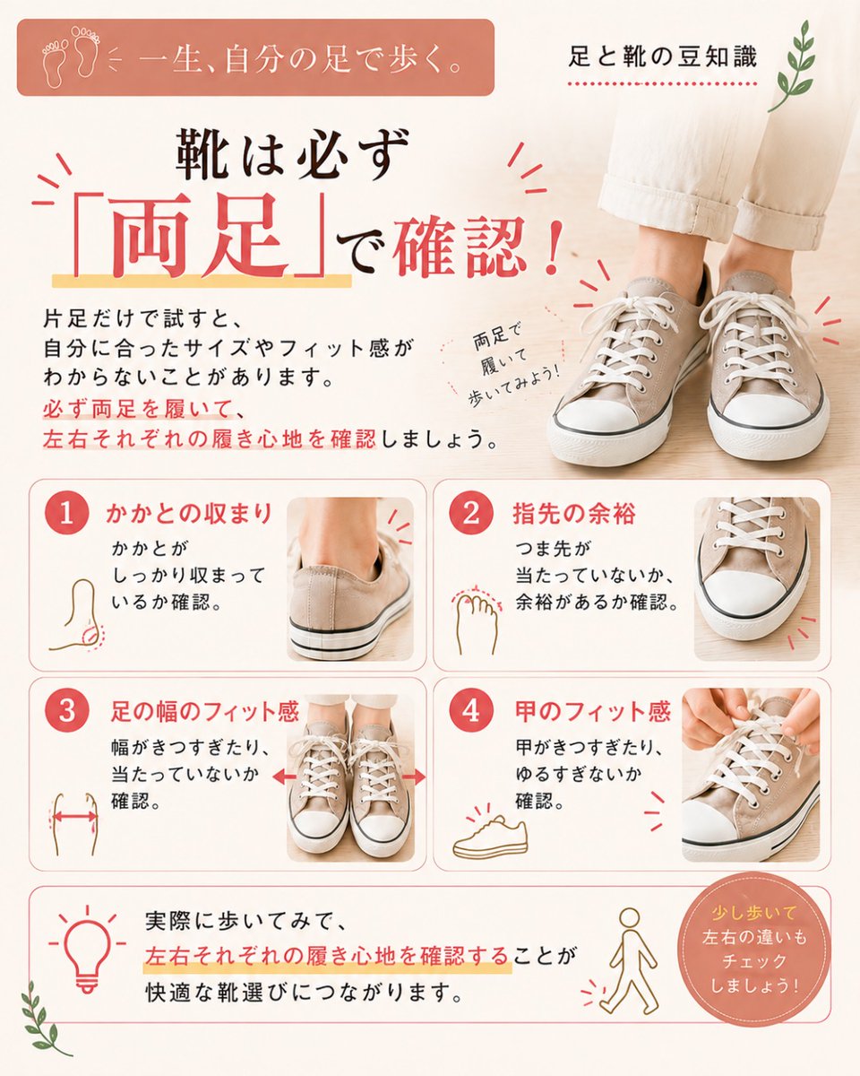 plusrayashiyubi's tweet photo. 👣左右の足、同じサイズだと思っていませんか？
実は、左右の足は長さや幅が同じとは限りません。
靴を選ぶときは、片足だけで決めずに「両足」で履くことが大切。
かかとの収まり・指先の余裕・幅や甲のフィット感・歩いたときの違和感
左右それぞれ確かめてみましょう😊 https://t.co/MKWhhZzHxA
