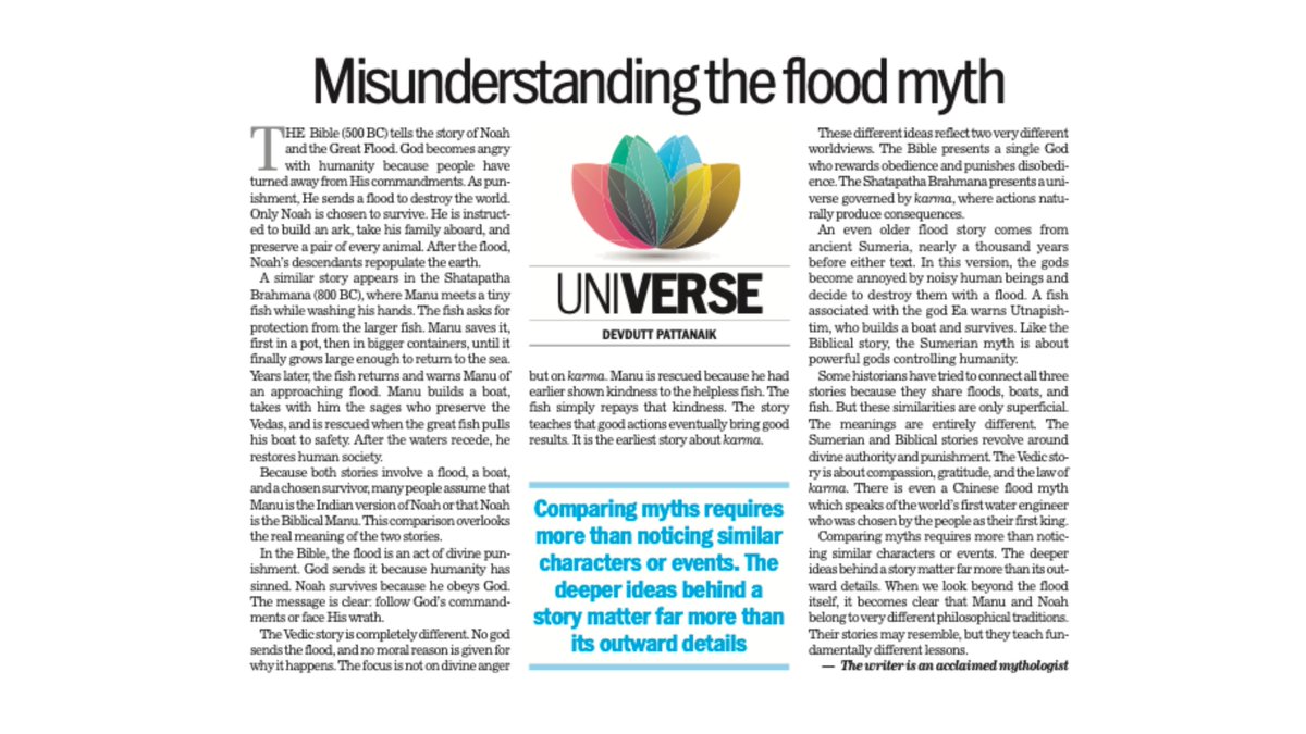 devduttmyth's tweet photo. Comparing myths requires more than noticing similar characters or events. The deeper ideas behind a story matter far more than its outward details

Read more...

Misunderstanding the flood myth https://t.co/XpkH2UeCXe https://t.co/Das8gacCZD