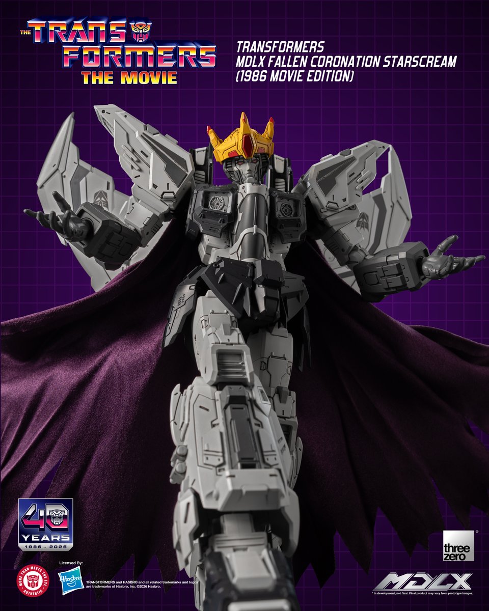 threezeroHK's tweet photo. 【Pre-order the MDLX Transformers (1986 Movie Edition) Wave 2 Figures - Fallen Coronation Starscream and Hot Rod now!】

threezero is proud to celebrate the 40th Anniversary of the absolutely incredible The Transformers: The Movie with our MDLX 1986 Movie Edition collectible series articulated figures!

Featuring a grayish-white color scheme, MDLX Fallen Coronation Starscream (1986 Movie Version) captures his form prior to being turned to ash by Galvatron’s particle cannon. Compared with the released MDLX Coronation Starscream, regal elements including the crown, fabric cape, and shoulder armor (all detachable) are retained in this version, but are reimagined with a movie-accurate color scheme, together with detailed panel lining, marking the end of his brief rule.

The second wave figures are now available for pre-order via the threezero Store, threezero Tmall, and selected distribution partners worldwide.

TRANSFORMERS and HASBRO and all related trademarks and logos are trademarks of Hasbro, Inc. ©2026 Hasbro.

※ This item is available worldwide, excluding Cuba, Iran, “North Korea”, DPRK, Syria, Crimea, Sevastopol, Russia, Venezuela, Belarus, Donetsk, Luhansk, Ukraine, Zaporizhzhia, and Kherson.
※ In development. Final product may vary from promotional images.

SRP:
MDLX Fallen Coronation Starscream (1986 Movie Edition): 120 USD / 850 RMB / 940 HKD / 3,810 TWD / 19,120 JPY
MDLX Hot Rod (1986 Movie Edition): 90 USD / 640 RMB / 710 HKD / 2,860 TWD / 14,350 JPY

https://t.co/wAbU8fyCHi
https://t.co/gSyupLqKl6

#threezero #Transformers #FallenCoronationStarscream #HotRod #actionfigures