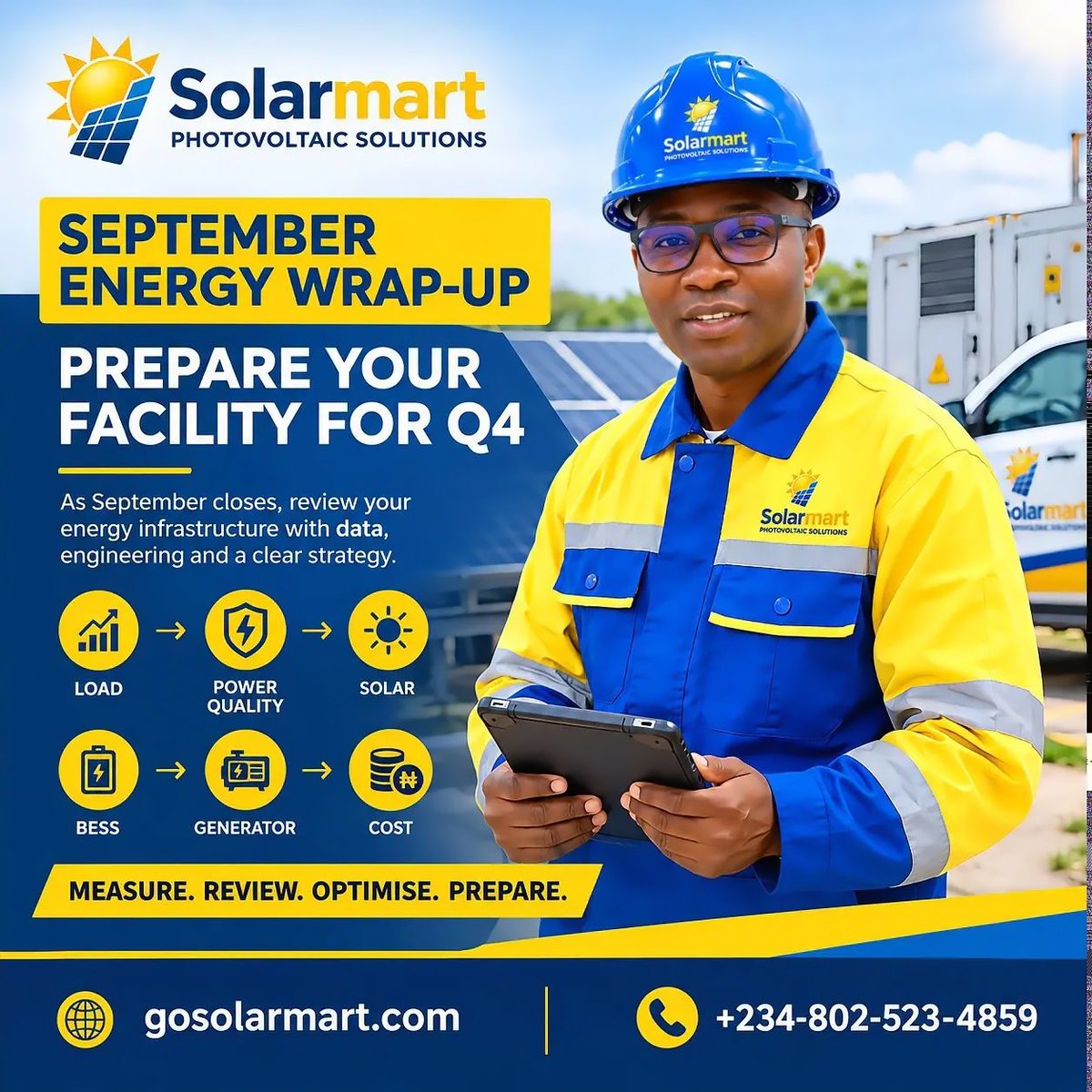 SolarmartNG's tweet photo. September energy review:

☀️ Solar performance
🔋 BESS dispatch
⛽ Generator loading and fuel use
⚡ Grid exposure
📊 Peak demand
🔧 Maintenance
💰 Energy cost per production unit

Q4 readiness starts with engineering data. https://t.co/zu0wJNZrE8