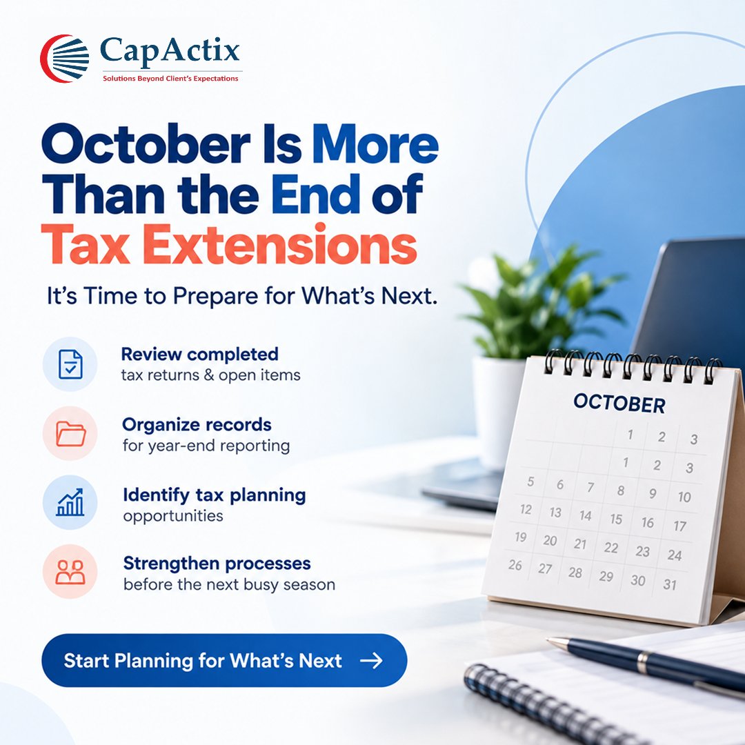 CapActix's tweet photo. October is the time to prepare for whatโs next.
โ๏ธ Review returns
โ๏ธ Organize records
โ๏ธ Spot tax planning opportunities
โ๏ธ Strengthen processes
Finish this season strong. Start the next one smarter.
#TaxPlanning #Accounting #CapActix https://t.co/qGGa6jHGdo