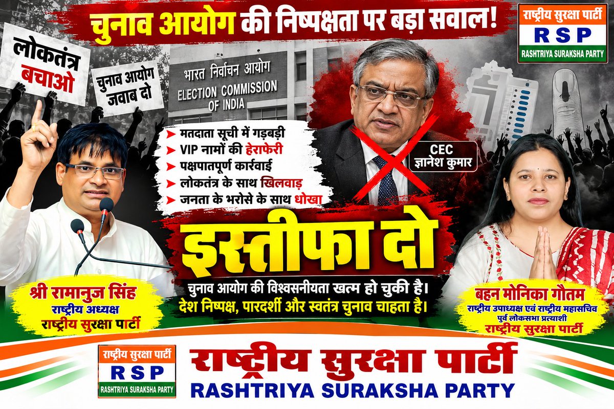 RSPIndiaHQ's tweet photo. चुनाव आयोग की निष्पक्षता पर बड़ा सवाल!
#ElectionCommission #ElectionCommissionOfIndia #IndianDemocracy #FreeAndFairElections #ElectionTransparency #ElectoralReforms #Democracy #VoterRights #RashtriyaSurakshaParty #RSP #IndiaPolitics https://t.co/OCxYver7W2
