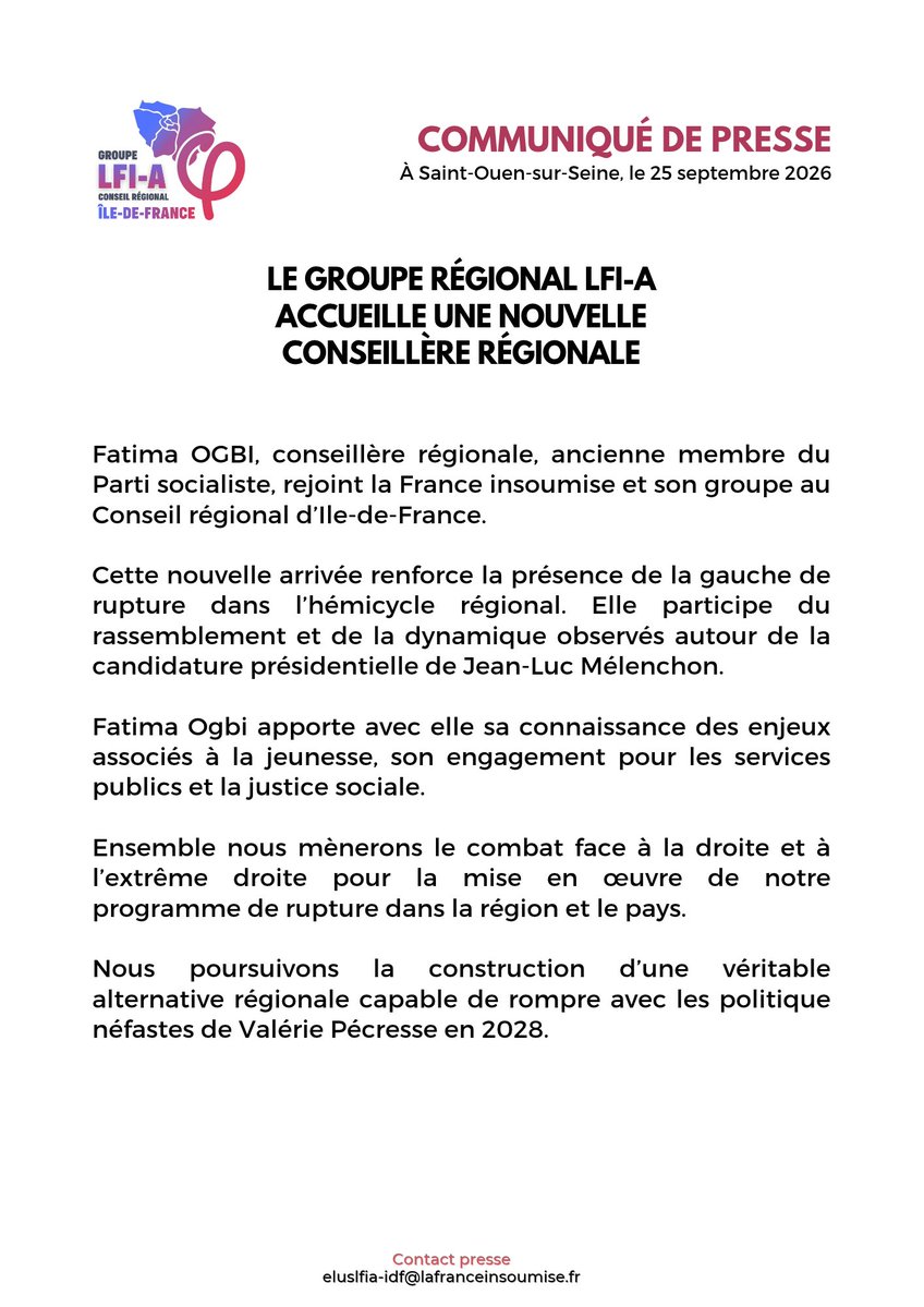 groupelfi_a's tweet photo. 🔴 Le groupe LFI-A accueille une nouvelle conseillère régionale.

Retrouvez notre communiqué de presse ⤵️ https://t.co/6QK9wgMnjs