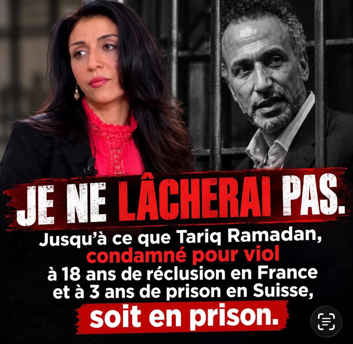HendaAyari5's tweet photo. Je ne lâcherai rien ! 

Neuf ans que je me bats. Neuf années de procédures, de menaces, de harcèlement, de remise en cause de ma parole. Neuf années à devoir me battre pour faire entendre ce que j’ai vécu et pour demander justice.

En 2017, j’ai été la première femme en France à porter plainte contre Tariq Ramadan. À partir de ce moment-là, j’ai tout pris en pleine face. J’ai été insultée, menacée, humiliée, traitée de menteuse. On a fouillé ma vie, mon passé, on a essayé de me salir et de me faire taire. On a même essayé de me faire passer pour une prostituée.

Je sais à quel point Tariq Ramadan sait manier les mots, convaincre, séduire et retourner les situations pour se présenter lui-même en victime d’un complot. Mais moi, je sais ce que j’ai vécu. J’ai subi un viol, au procès, je n’ai pas vu un complot. J’ai vu des femmes violées et traumatisées. J’ai vu leurs visages.

Je les ai entendues raconter ce qu’elles avaient vécu. J’ai vu leurs larmes, leur douleur, les dégâts dans leurs vies. J’ai vu des femmes profondément marquées, des femmes brisées et détruites. Et moi aussi, j’étais là, avec mon histoire, mes blessures et mes traumatismes. J’ai tout raconté. Moi aussi, j’ai pleuré. Après toutes ces années de combat, notre parole était enfin entendue.

Tariq Ramadan a été condamné en France, mais aussi en Suisse, pour plusieurs viols et pourtant, aujourd’hui, il est toujours libre.

Et comme si cela ne suffisait pas, Tariq Ramadan donne désormais des cours dans son centre de formation sur… la JUSTICE !

Son centre de formation CHIFA poursuit ses activités. Une collecte a même été organisée pour récolter 500 000 euros pour l’acquisition d’un local, autour de lui, le même système continue de fonctionner avec ses proches et ses soutiens. Il travaille notamment avec sa maîtresse Fanny Bauer Motti qui pilote avec lui son centre de formation.

Cette situation me révolte. Malgré les condamnations, malgré les victimes, malgré un procès éprouvant de plus d’un mois, malgré le mandat d’arrêt délivré en France, il méprise la justice et son business continue grâce à ceux qui le soutiennent.

Des personnes payent pour ses formations et écoutent celui qui continue de se présenter comme la victime d’un complot. Il faut un culot incroyable pour donner aujourd’hui des leçons de justice alors qu’on a été condamné pour viols dans plusieurs pays et qu’on ne s’est même pas présenté devant la cour qui devait vous juger, c’est un immense mépris pour les victimes et pour la justice qui l’a condamné. Je ressens du dégoût, de la colère et une immense déception.

Honte à ceux qui soutiennent ce grand manipulateur qui crie au complot depuis le début pour sauver sa peau et préserver sa réputation, après avoir sali chaque victime et avoir essayé de me faire passer, moi aussi, pour une prostituée.  Mais il n’y a jamais eu de complot. Je n’ai jamais menti. Les autres femmes n’ont pas menti. Nous avons apporté nos éléments de preuves à la justice et la justice l’a condamné à une très lourde peine de prison.

Je n’oublierai jamais ce procès éprouvant qui a duré plus d’un mois.
J’étais dans cette salle d’audience. J’ai entendu ces femmes. Je les ai regardées dans les yeux. J’ai pleuré en écoutant les témoignages bouleversants de plusieurs femmes brisées et traumatisées qui n’avaient pas eu la force de déposer plainte par peur des menaces et des représailles.

Moi-même, j’ai subi pendant des années le harcèlement et les menaces. J’étais la première à avoir parlé, la première exposée. J’ai tout pris en pleine face. J’ai eu le sentiment d’être un bouclier pour d’autres femmes qui ont préféré garder l’anonymat par peur. 

Voir aujourd’hui Tariq Ramadan, lourdement condamné pour viol, continuer son business, travailler entouré de ses proches et de ses soutiens et, comble du cynisme, donner des cours sur la justice, c’est une énorme gifle en plein visage de chaque victime.

Suite en commentaire ⬇️