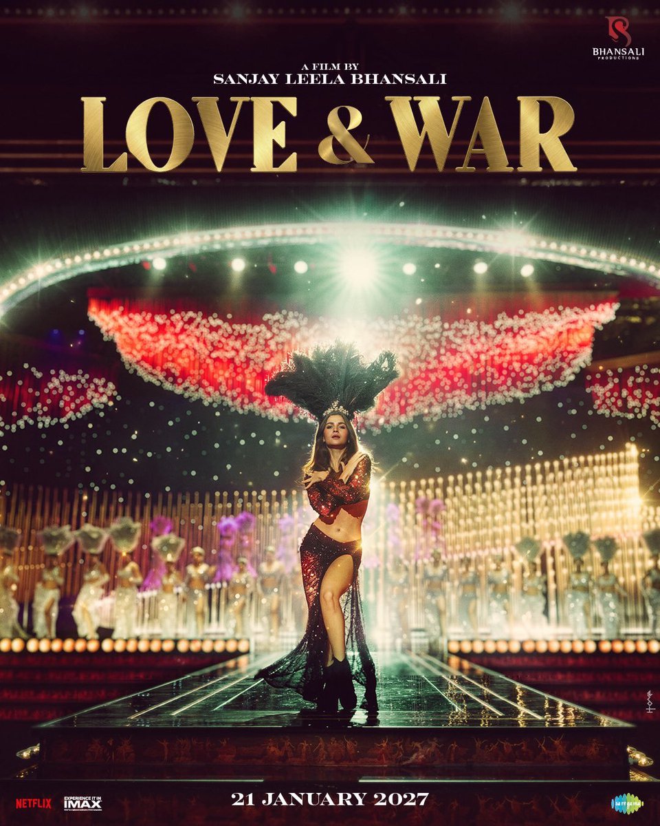 TheFilmDeskIN's tweet photo. All posters of #AliaBhatt from #LoveAndWar are out, along with her BGM theme ❤️‍🔥🎵

“Aag bhi, dilon ki jaan bhi!” 🔥

Sanjay Leela Bhansali’s #LoveAndWar, starring #RanbirKapoor, #AliaBhatt &amp; #VickyKaushal, releases worldwide on 21 January 2027

#bhansaliproduction #saregamaglobal https://t.co/fwfcB8bgPg