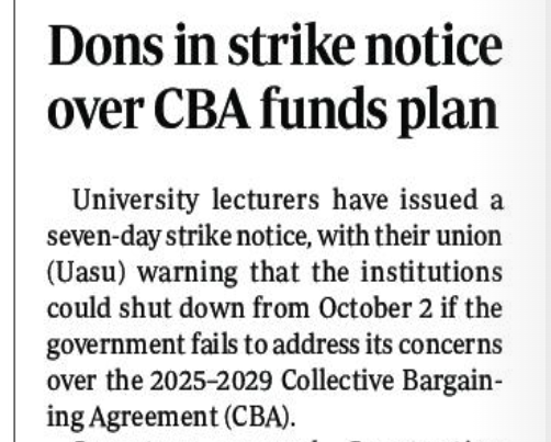 MzalendoWatch's tweet photo. University Lectures have issued a 7-day strike notice, with their union (UASU) warning that the institutions could shut down from October 2 if the government fails to address its concerns over the 2025-2029 CBA via @StandardKenya https://t.co/POCkmOFaYP
