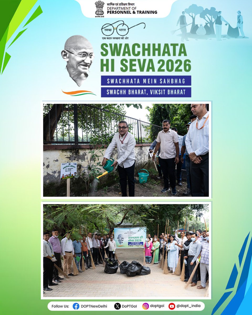 DoPTGoI's tweet photo. As part of #SwachhataHiSeva, @DoPTGoI organised “Ek Din, Ek Ghanta, Ek Saath” Shramdaan at CCSCSB Sports Complex, Vinay Marg.

Shri Faiz Ahmed Kidwai, Additional Secretary, DoPT, along with senior officers and staff, participated in sanitation and plantation activities, reaffirming the collective commitment towards a cleaner and greener environment.

Following the activities, all participants took the pledge to uphold the vision of a clean, green and healthy Bharat.

#SpecialCampaign6 #SwachhataHiSeva2026 #SHS2026